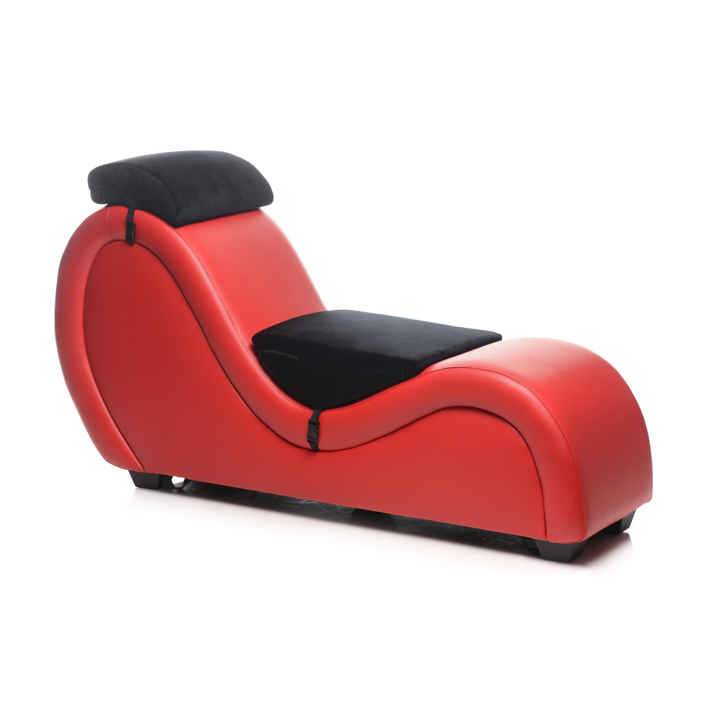 Kinky Couch Sex Chaise Lounge in red with adjustable straps and plush pillows, designed for intimate experiences and comfort.