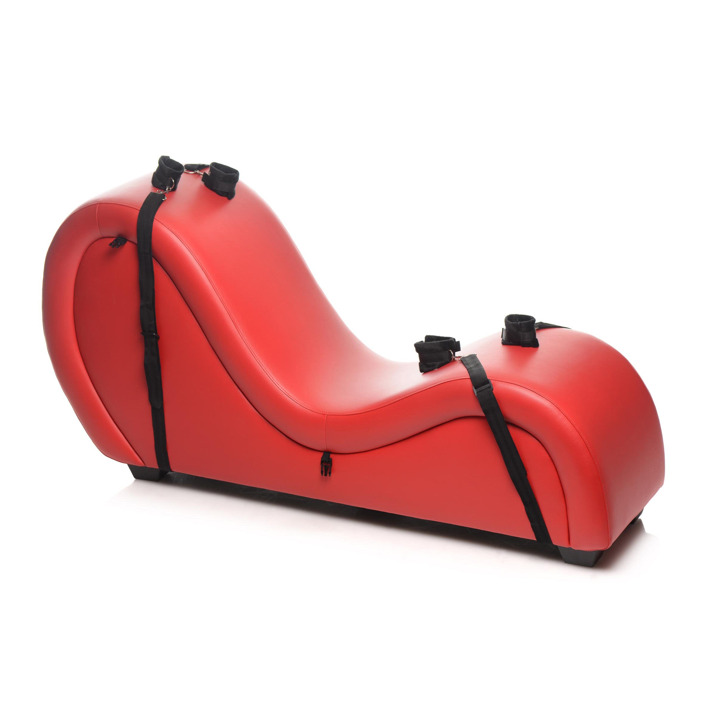 Kinky Couch Sex Chaise Lounge in red with adjustable straps and plush pillows, designed for intimate experiences and comfort.