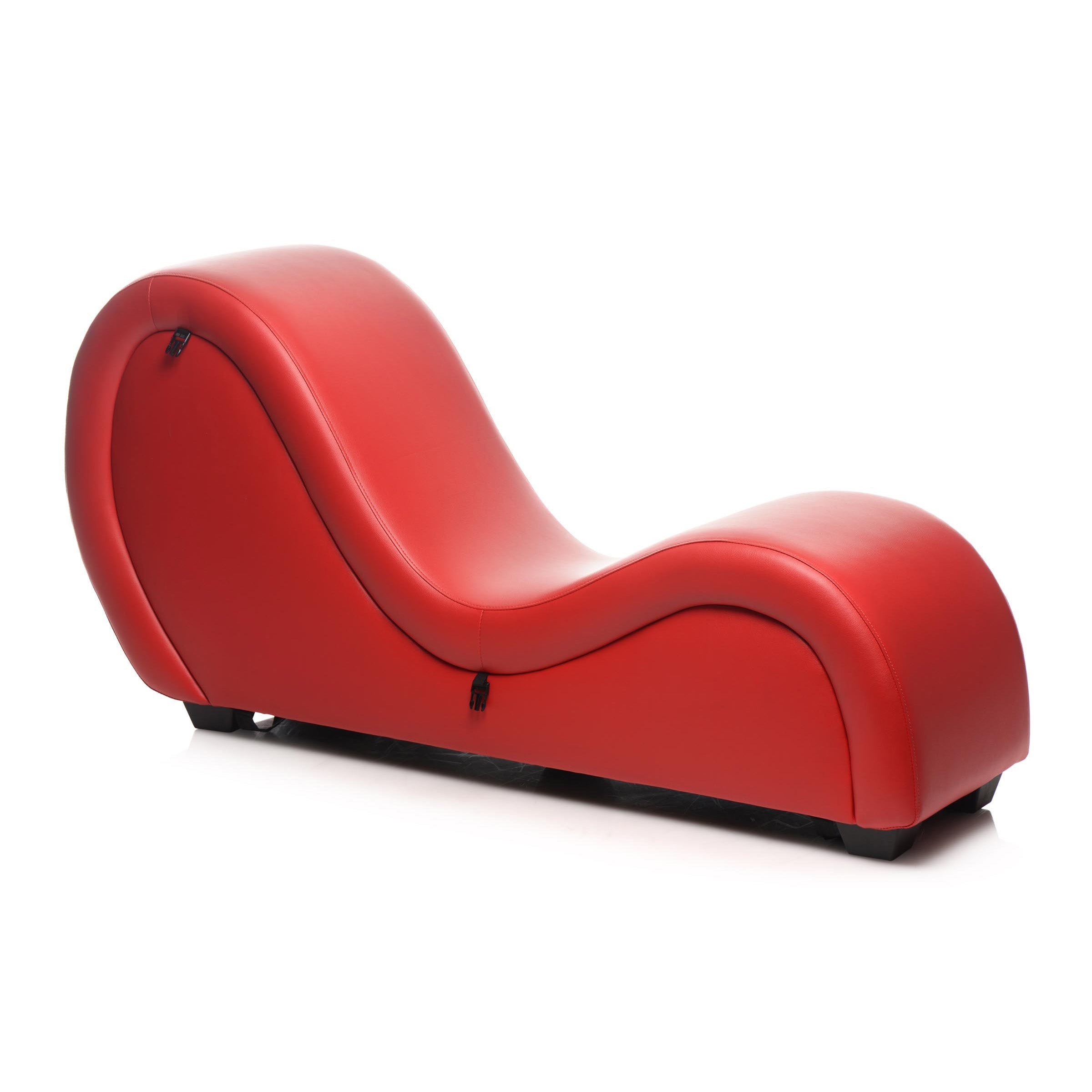 Kinky Couch Sex Chaise Lounge in red with adjustable straps and plush pillows, designed for intimate experiences and comfort.