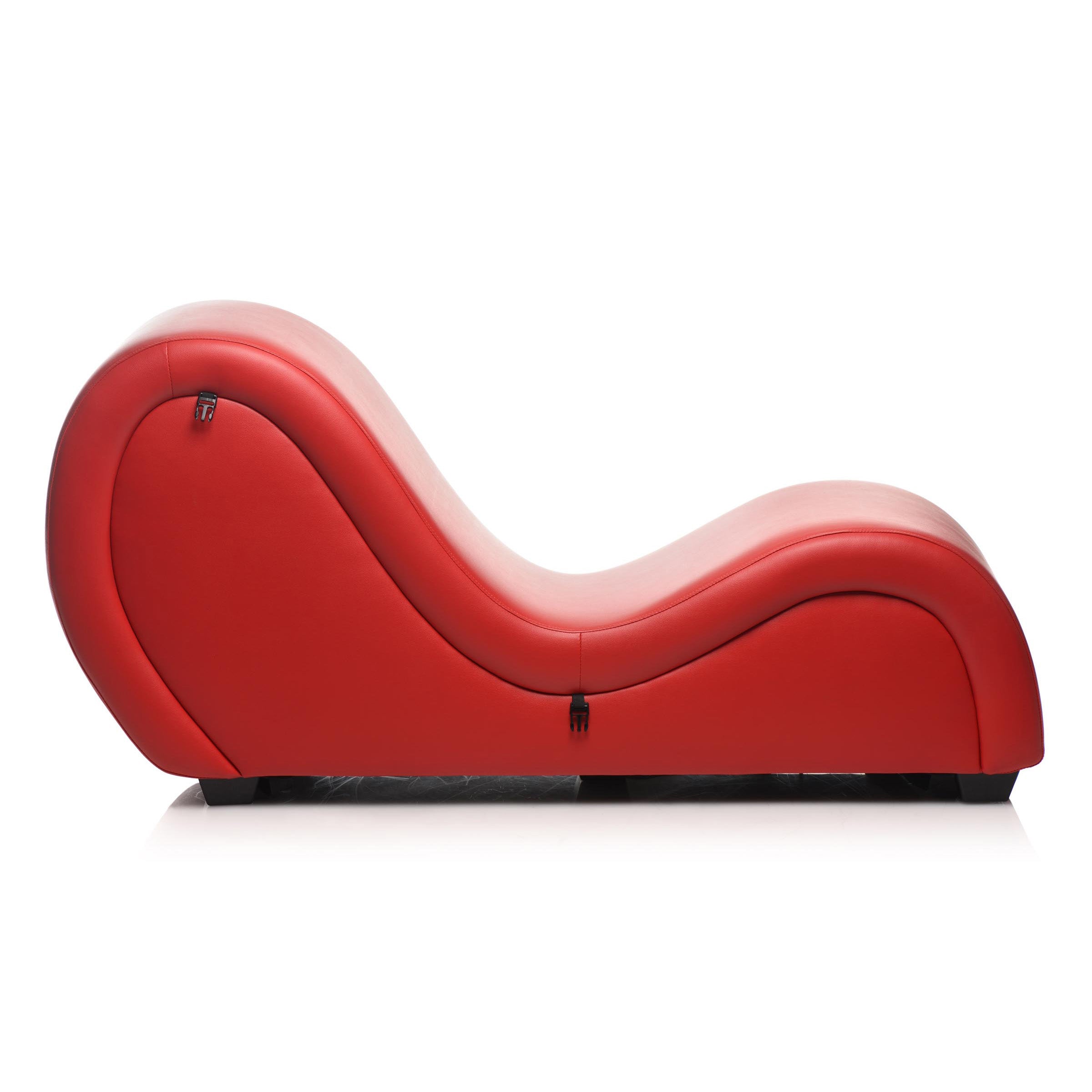 Kinky Couch Sex Chaise Lounge in red with adjustable straps and plush pillows, designed for intimate experiences and comfort.