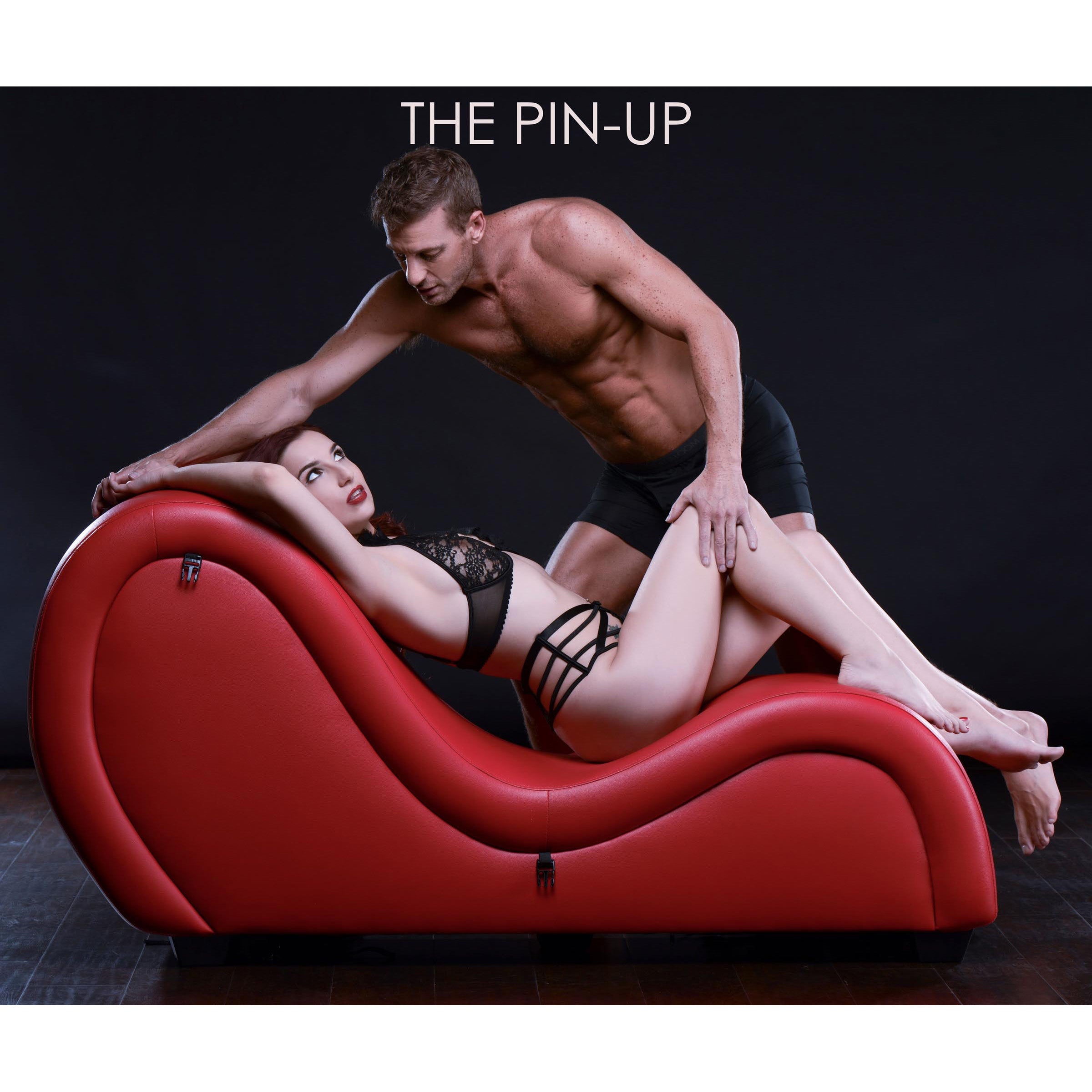 Kinky Couch Sex Chaise Lounge in red with adjustable straps and plush pillows, designed for intimate experiences and comfort.