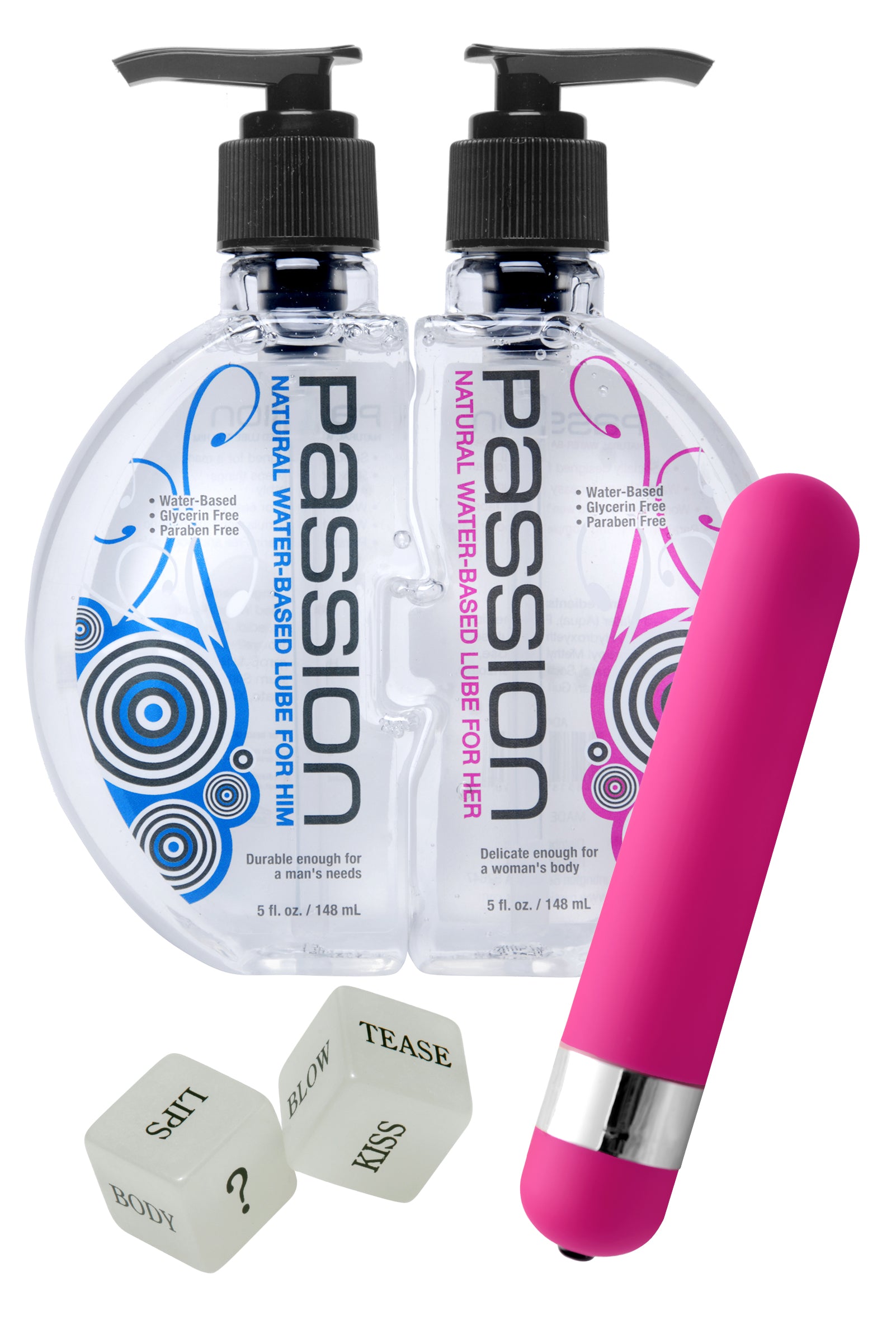 Kinky Couple Play Kit featuring glow-in-the-dark dice, a vibrating bullet, and lube bottles for enhanced intimacy.