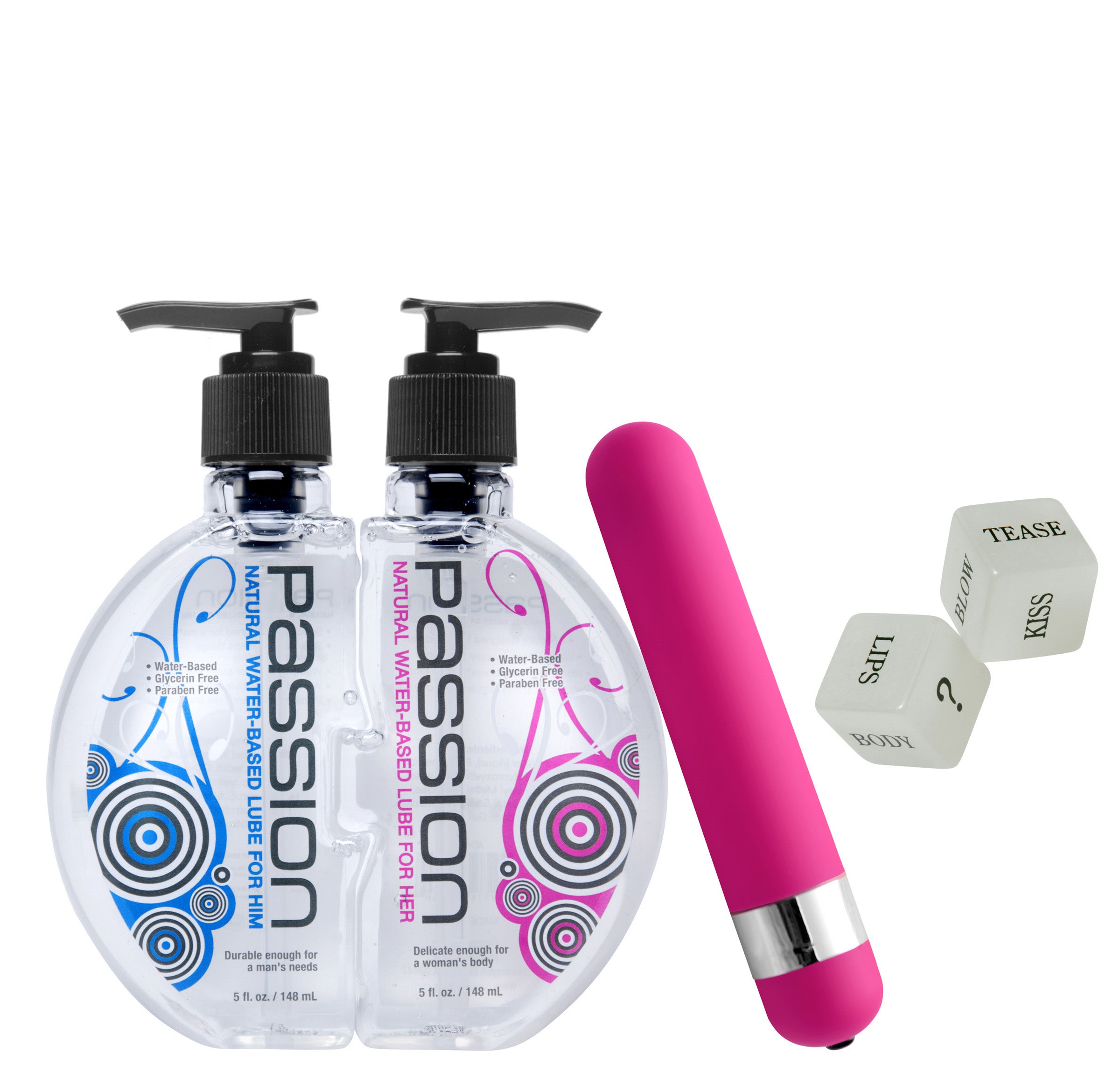 Kinky Couple Play Kit featuring glow-in-the-dark dice, a vibrating bullet, and lube bottles for enhanced intimacy.