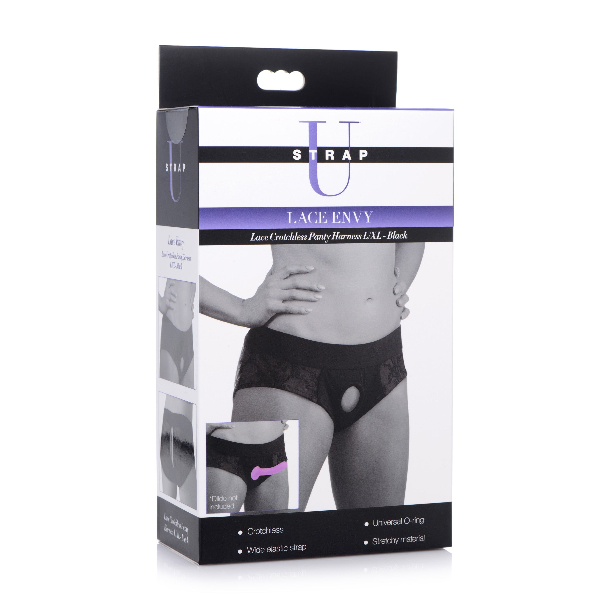 Lace Envy Black Crotchless Panty Harness designed for comfort and functionality, featuring a universal O-ring and wide elastic strap.