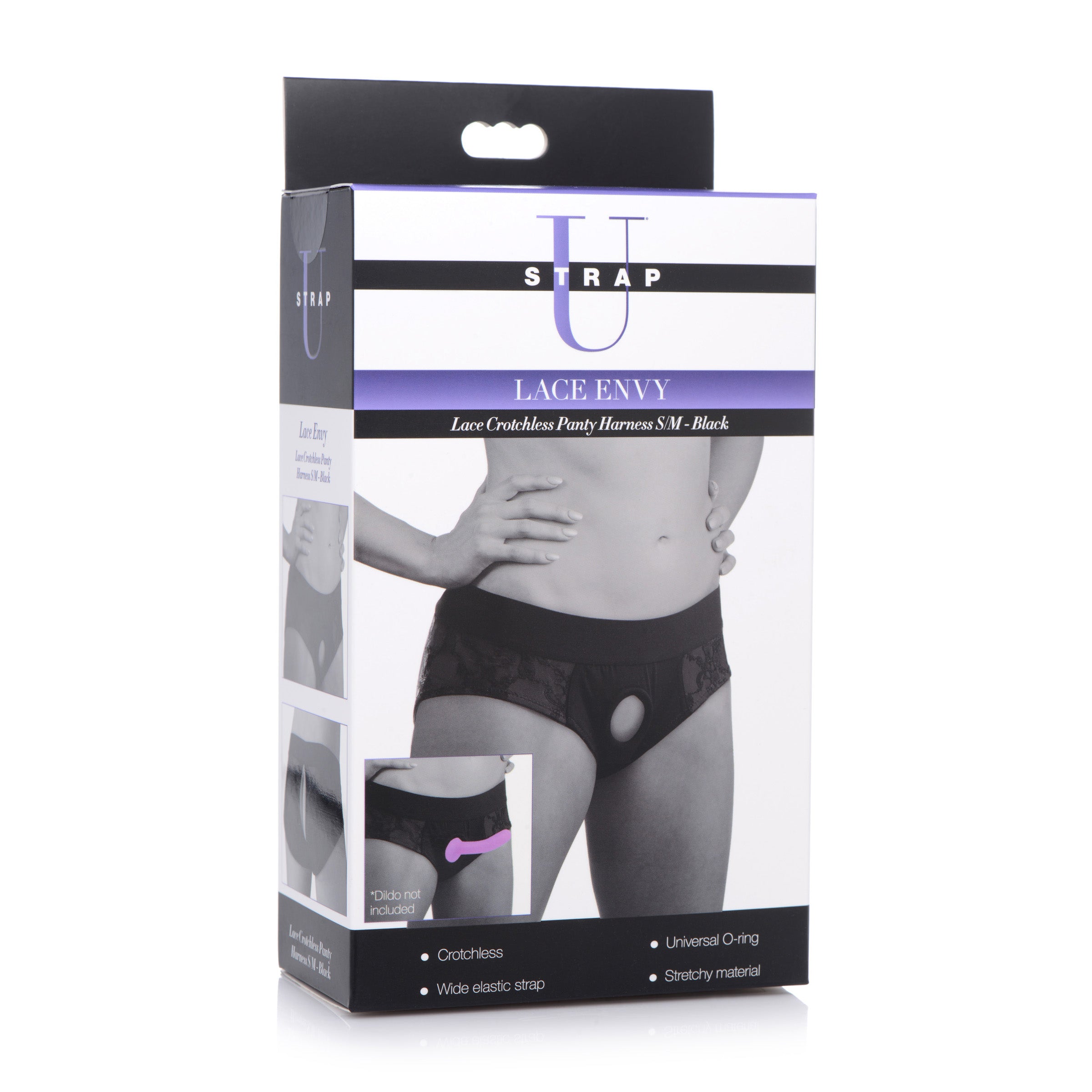 Lace Envy Black Crotchless Panty Harness showcasing its elegant lace design and universal O-ring for dildos.