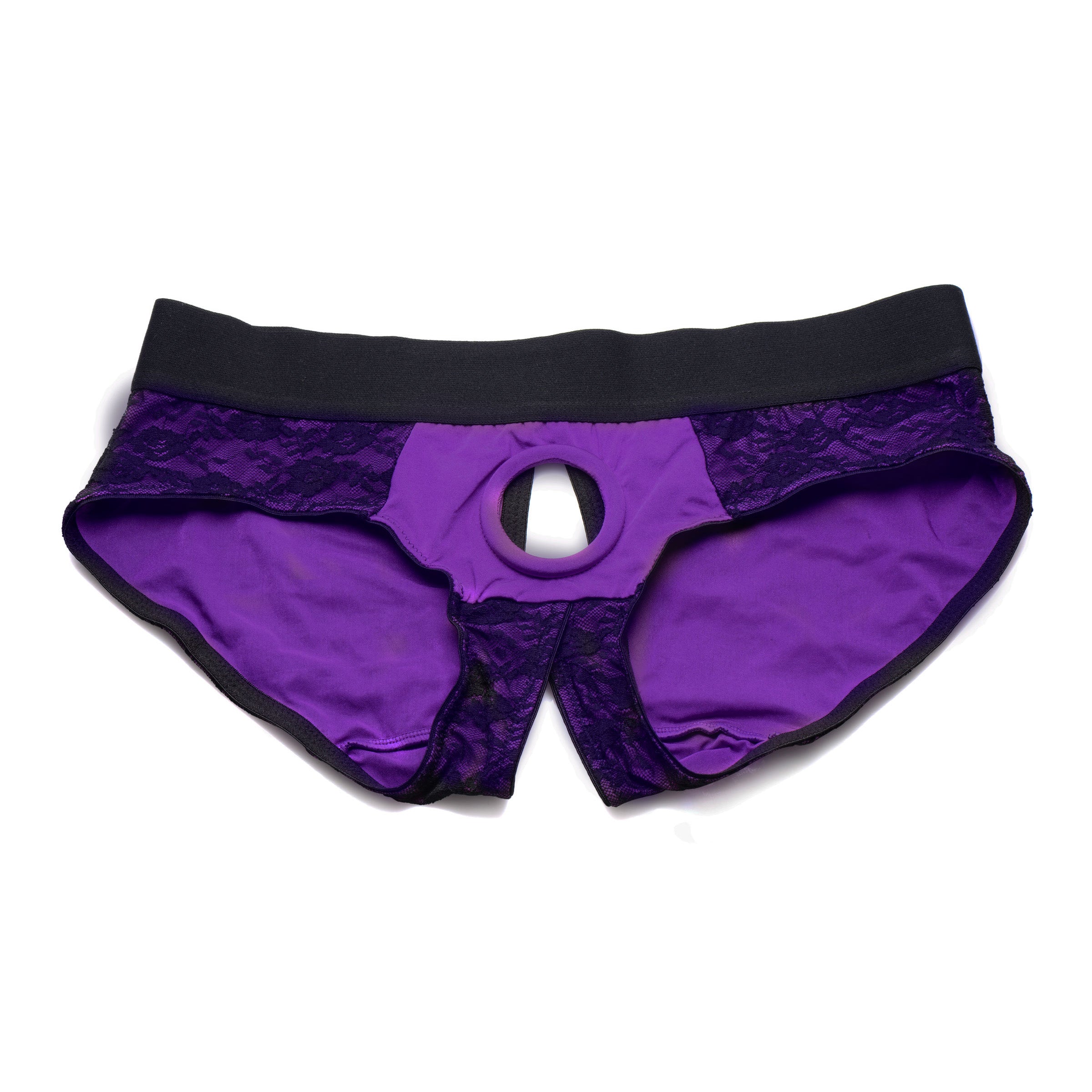 Lace Envy Crotchless Panty Harness in purple and black, featuring a wide elastic strap and universal O-ring for dildos.