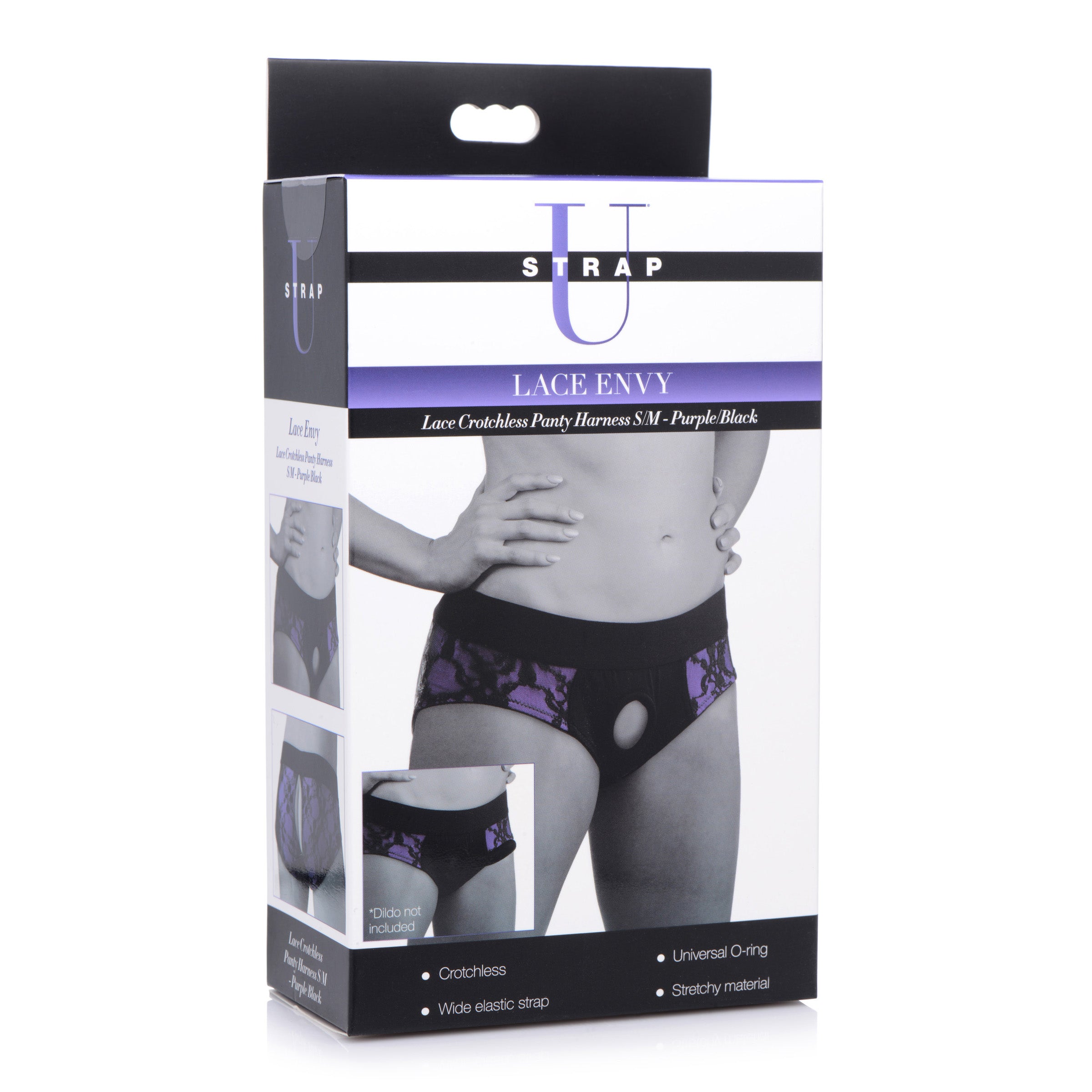 Lace Envy Crotchless Panty Harness in purple and black, featuring a wide elastic strap and universal O-ring for dildos.