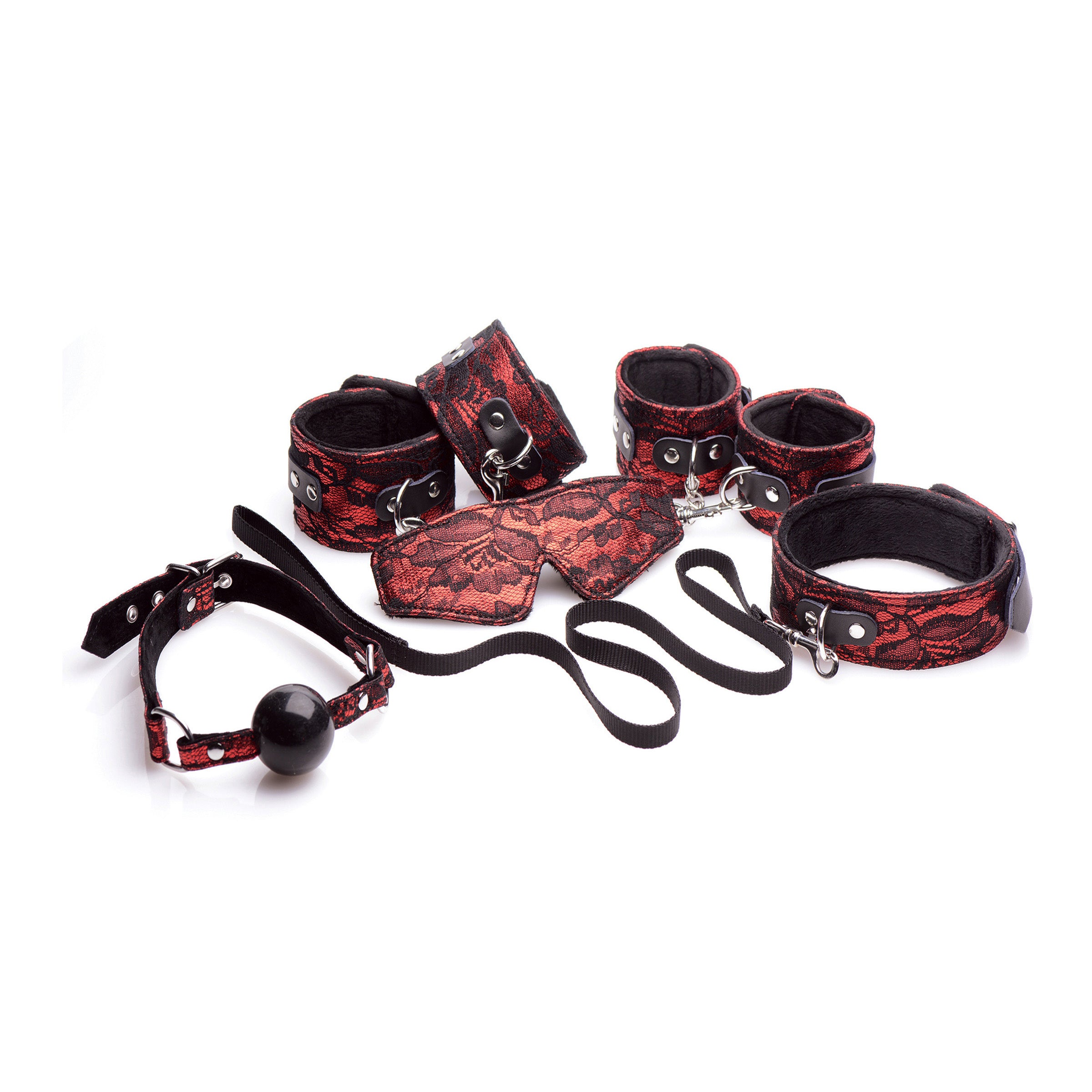 Laced Up 5 Piece Bondage Set featuring adjustable cuffs, blindfold, ballgag, collar, and leash in red PU leather and soft velvet.