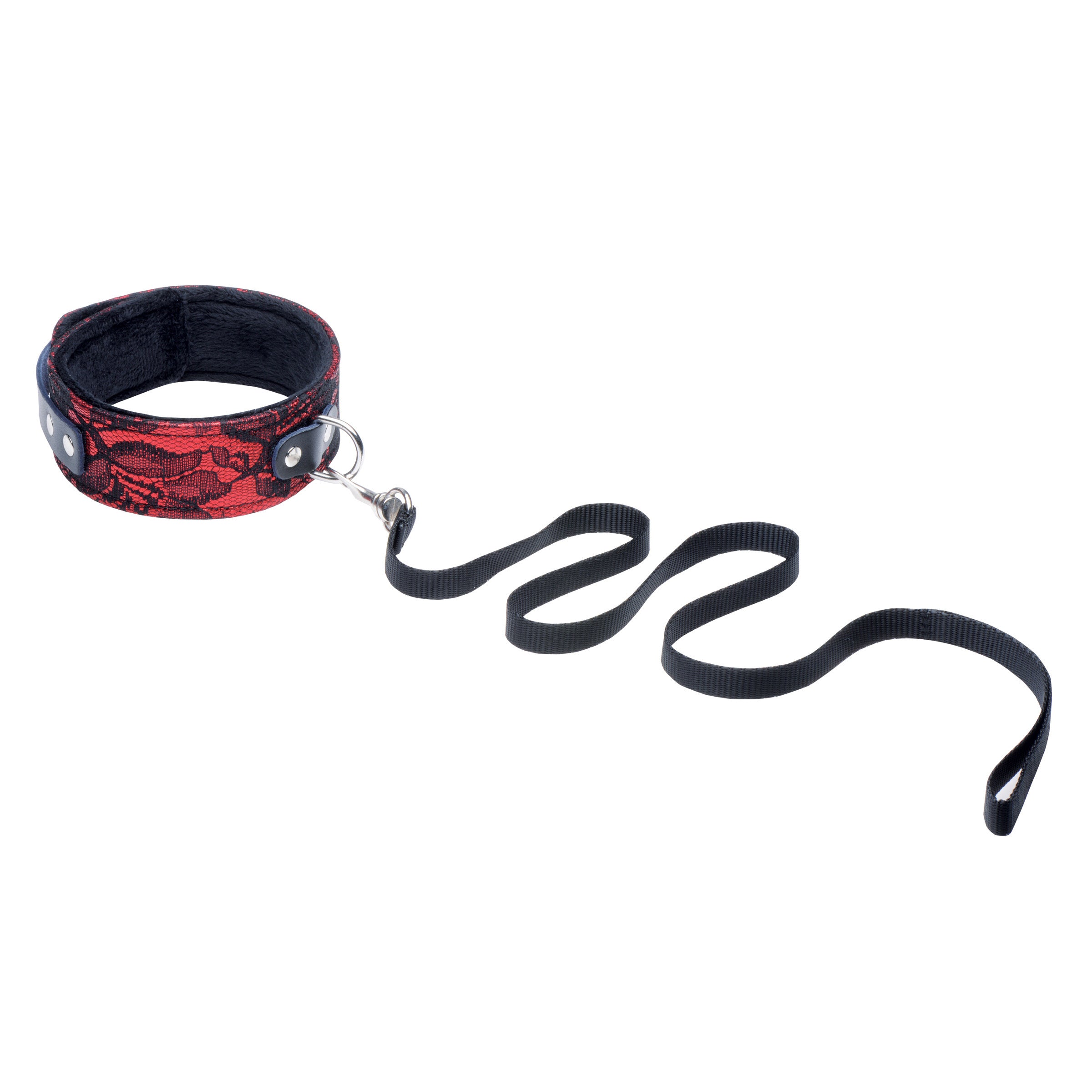 Laced Up 5 Piece Bondage Set featuring adjustable cuffs, blindfold, ballgag, collar, and leash in red PU leather and soft velvet.