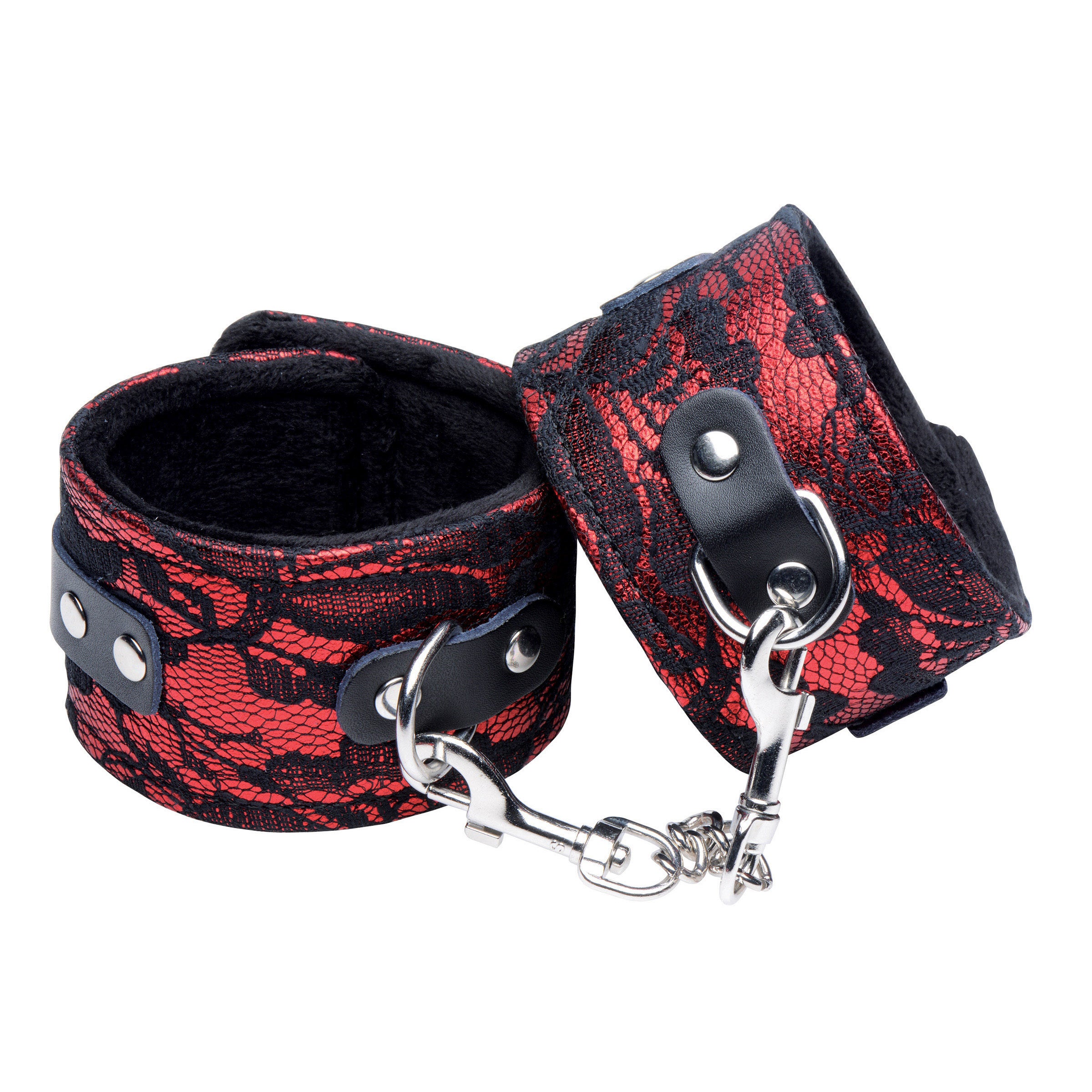 Laced Up 5 Piece Bondage Set featuring adjustable cuffs, blindfold, ballgag, collar, and leash in red PU leather and soft velvet.