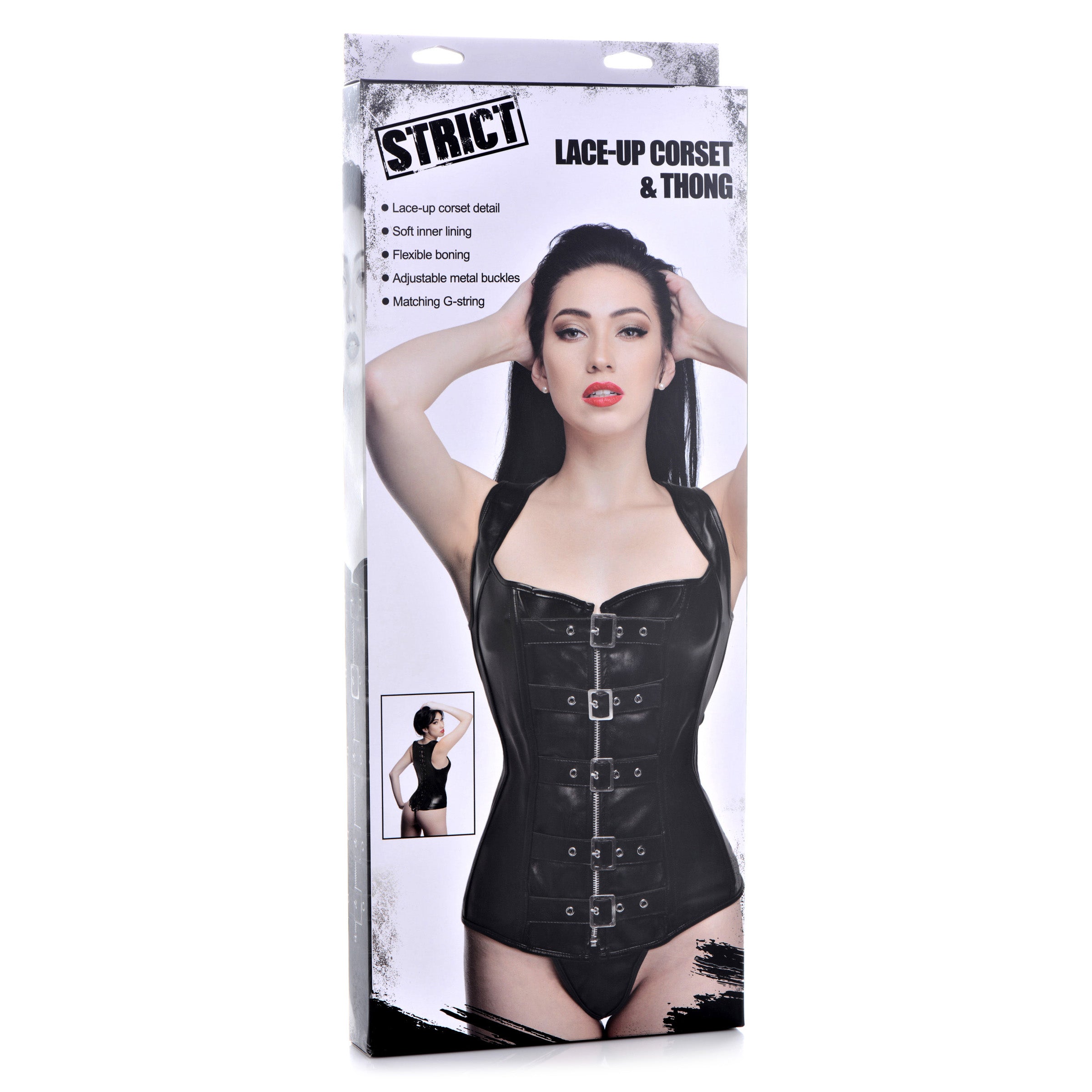 A black lace-up corset vest with matching G-string, showcasing a dominant aesthetic and adjustable features.