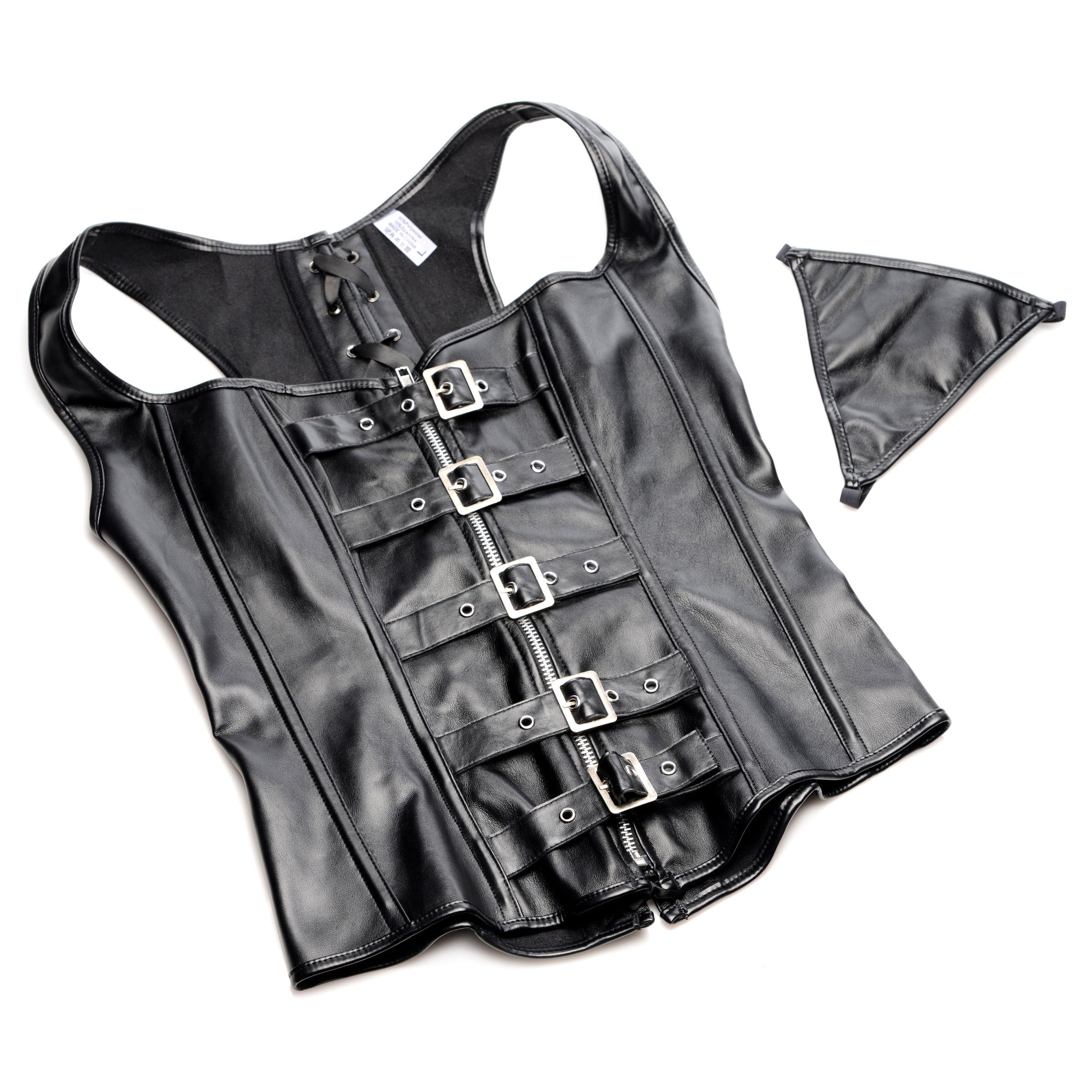 A black lace-up corset vest with matching G-string, showcasing a dominant aesthetic and adjustable features.