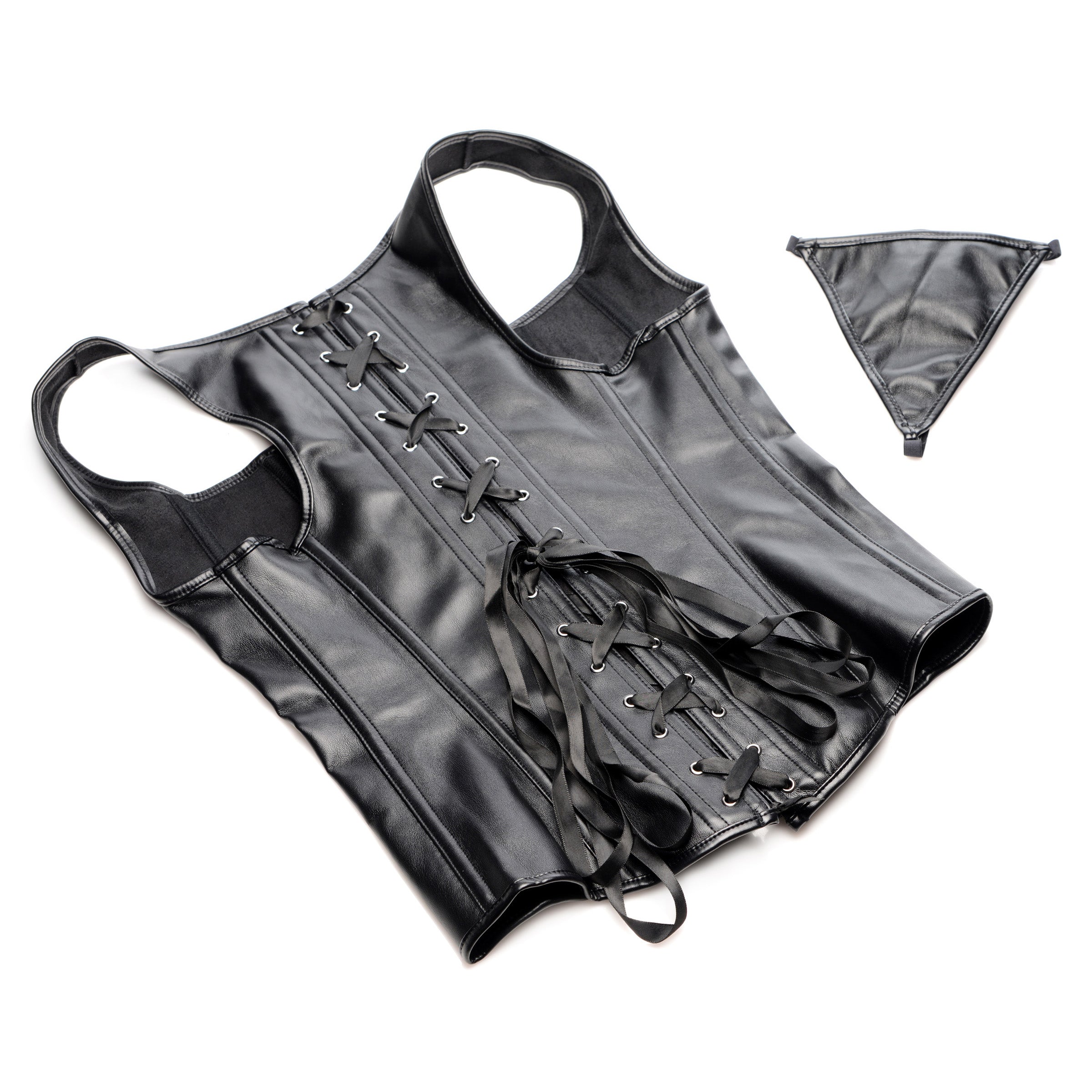 A black lace-up corset vest with matching G-string, showcasing a dominant aesthetic and adjustable features.