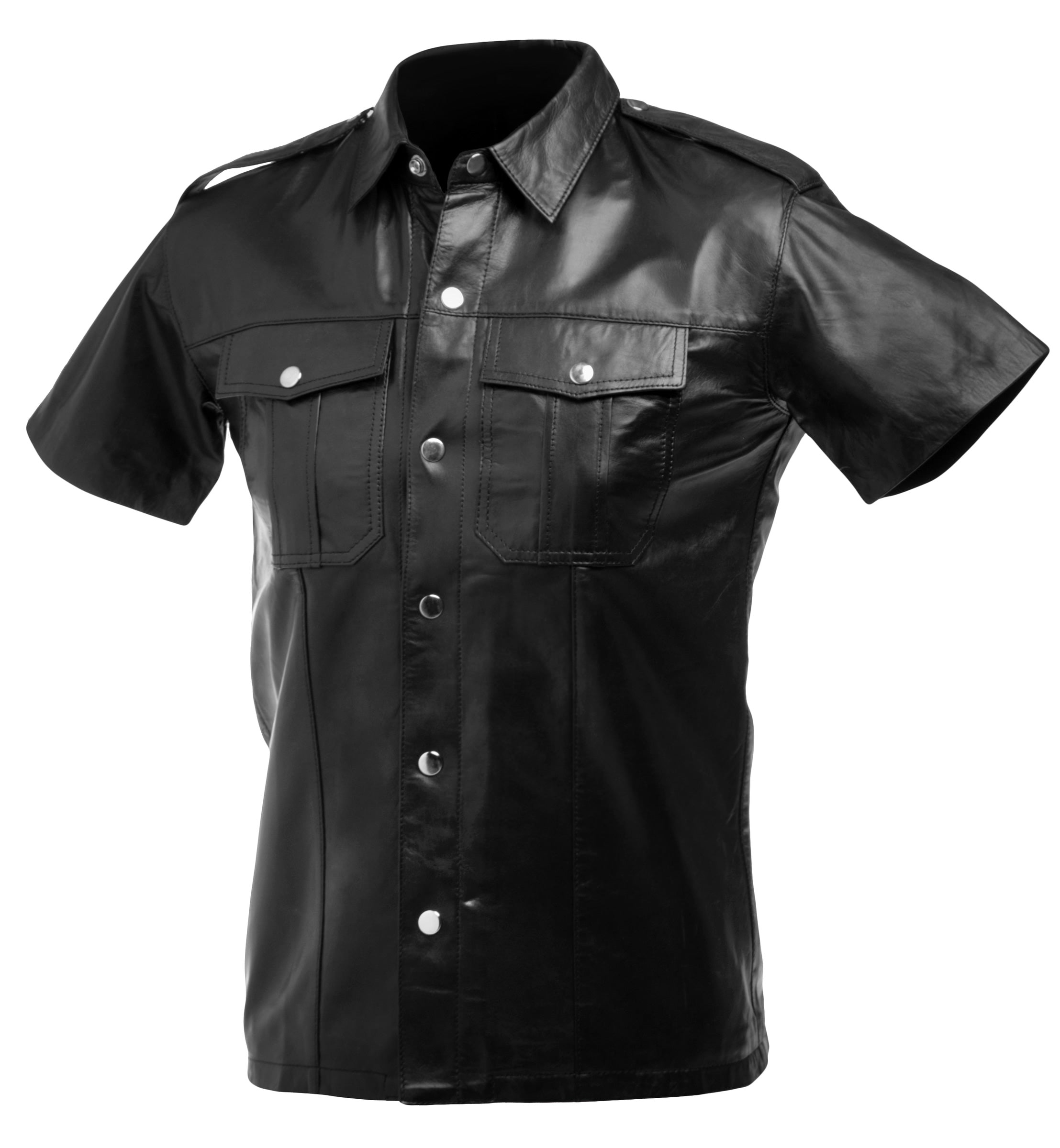 Lambskin leather police shirt in black, featuring a snap-up front and two chest pockets, designed for comfort and style.