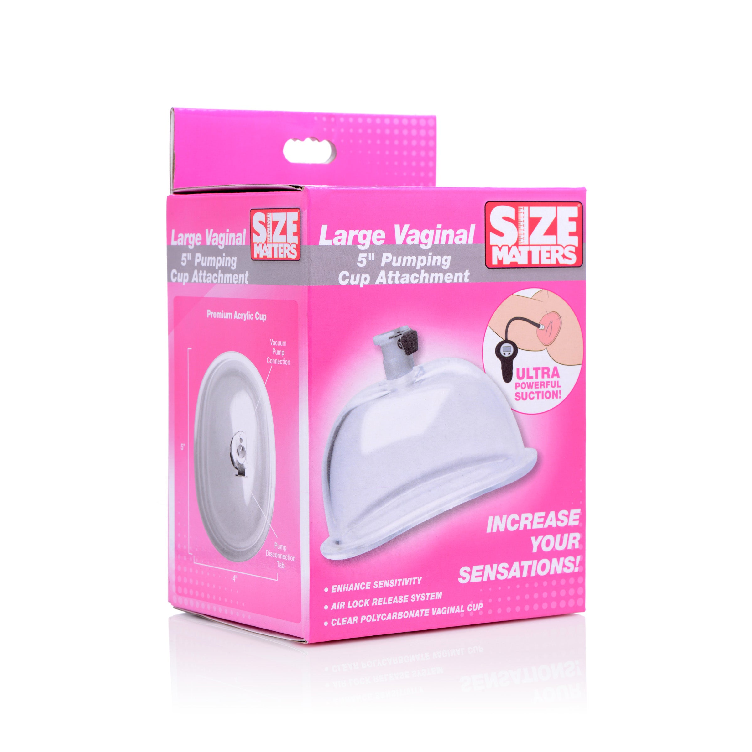 Large Vaginal 5 Inch Pumping Cup Attachment made of clear acrylic, designed for enhancing sensitivity and comfort.