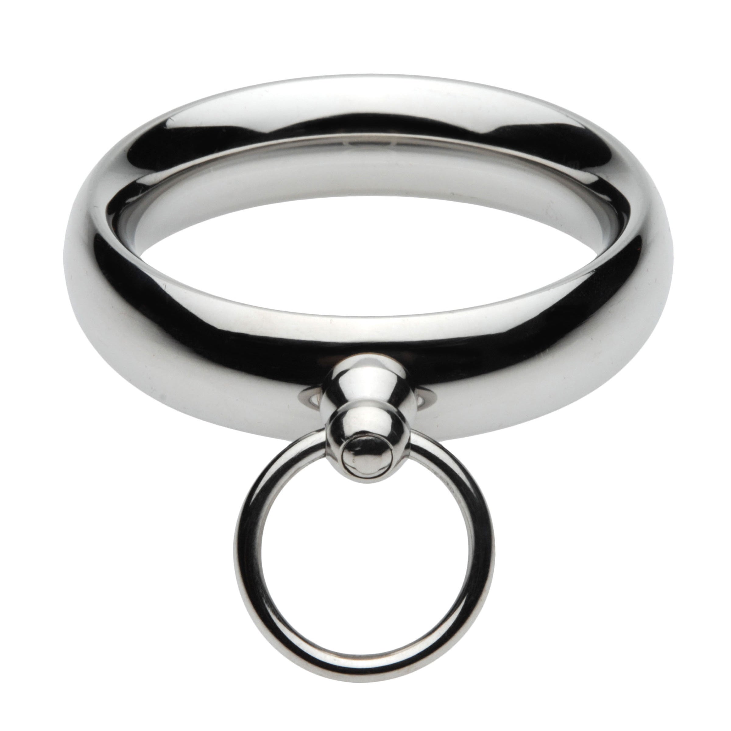 Lead Me Stainless Steel Cock Ring, 1.75 inches in diameter, grey color, designed for erection enhancement and bondage play.