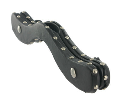 Leather Covered Humbler device designed for bondage play, featuring a curved shape and studded black leather finish.