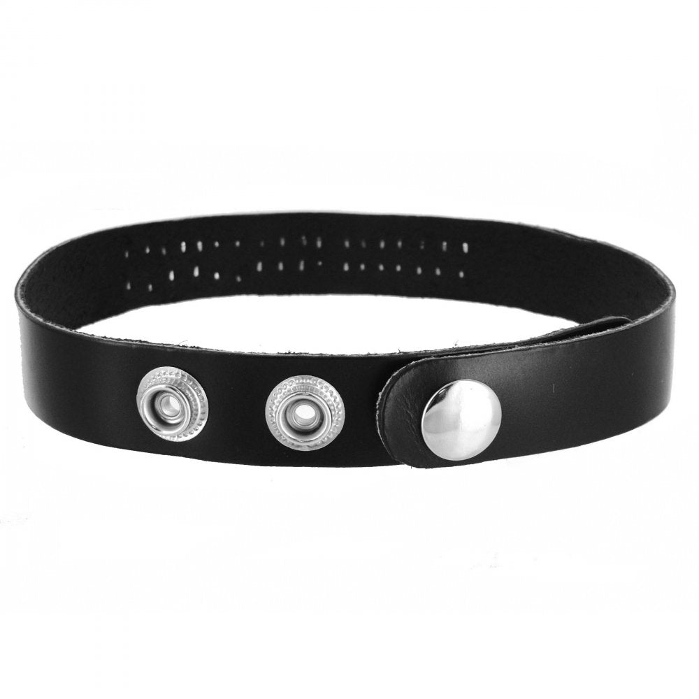 Leather ID Collar in black with steel letters, featuring four snaps for secure fit.