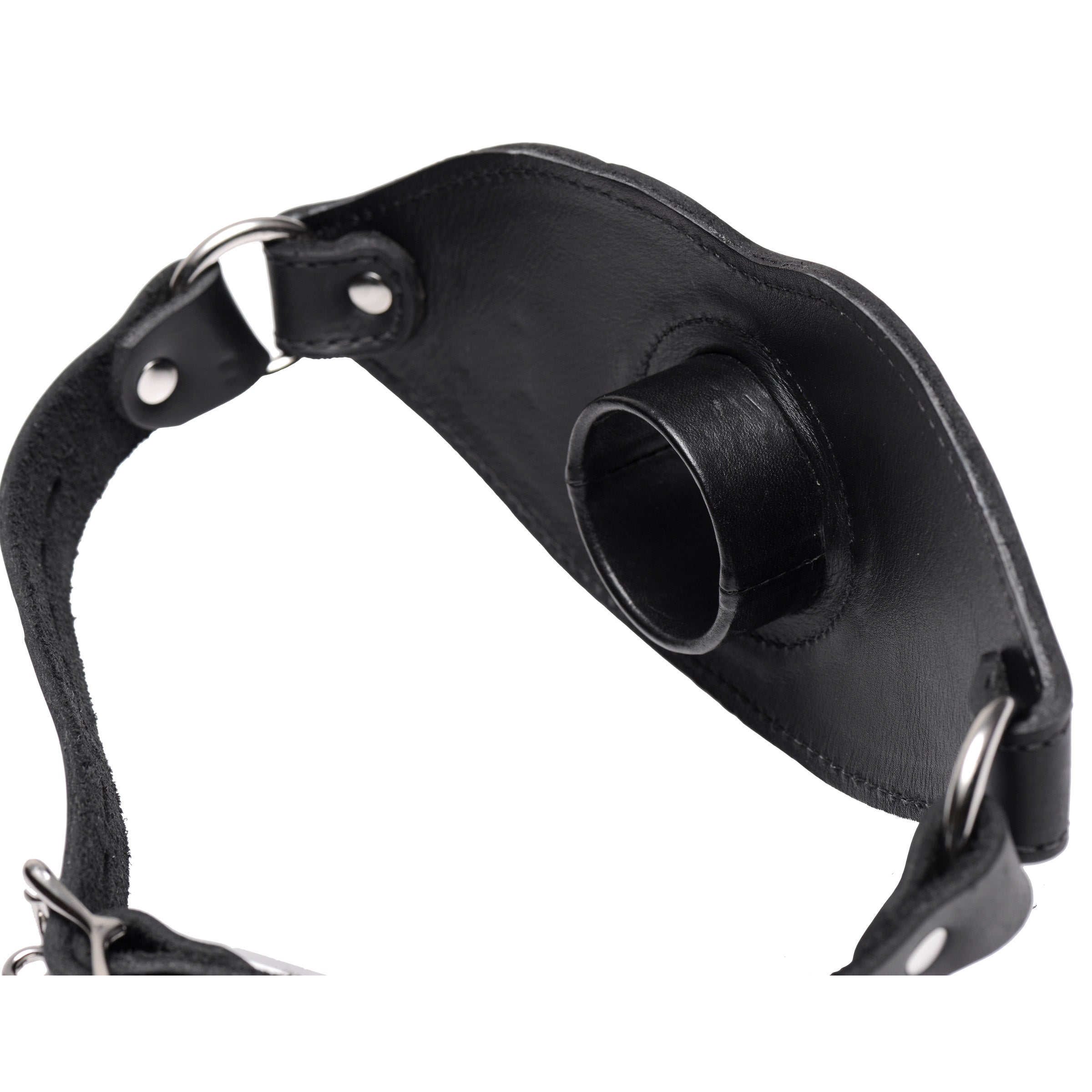 Leather Locking Open Mouth Gag with a 1.5-inch opening, adjustable design, made of durable leather and metal, perfect for BDSM play.