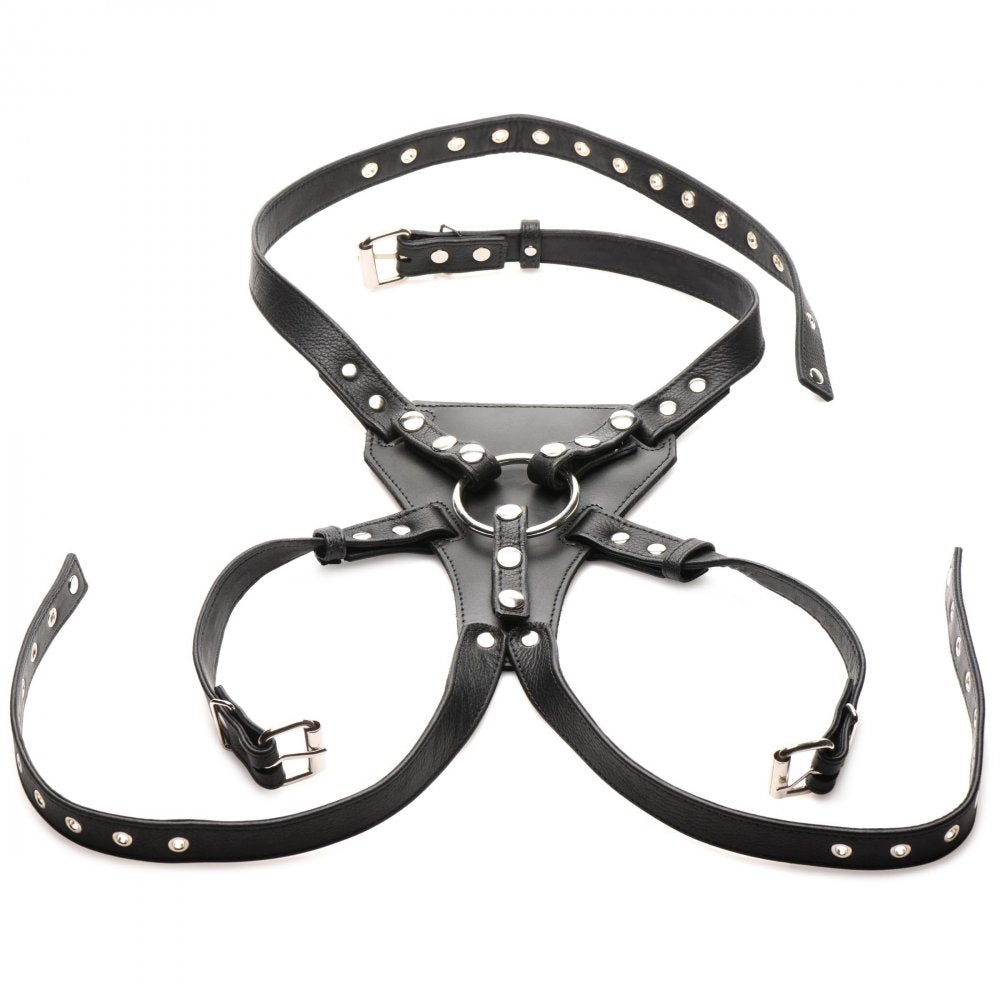 Leather Strap-on Harness designed for small to medium sizes, featuring adjustable straps and graduated rings for dildos.