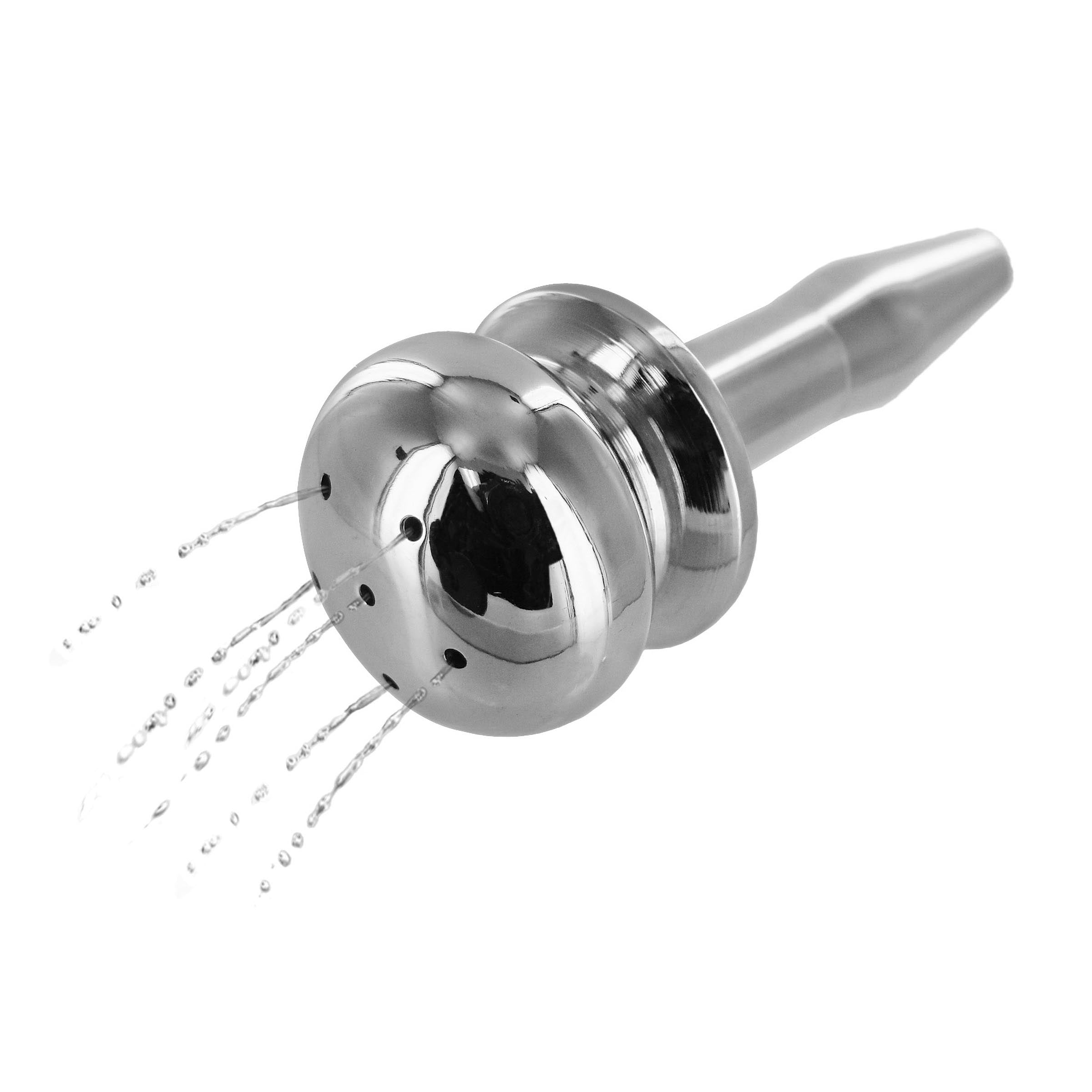 Libertine Faucet Plug made of stainless steel with six sprinkler holes for urethral play, showcasing its smooth contours and faucet head design.