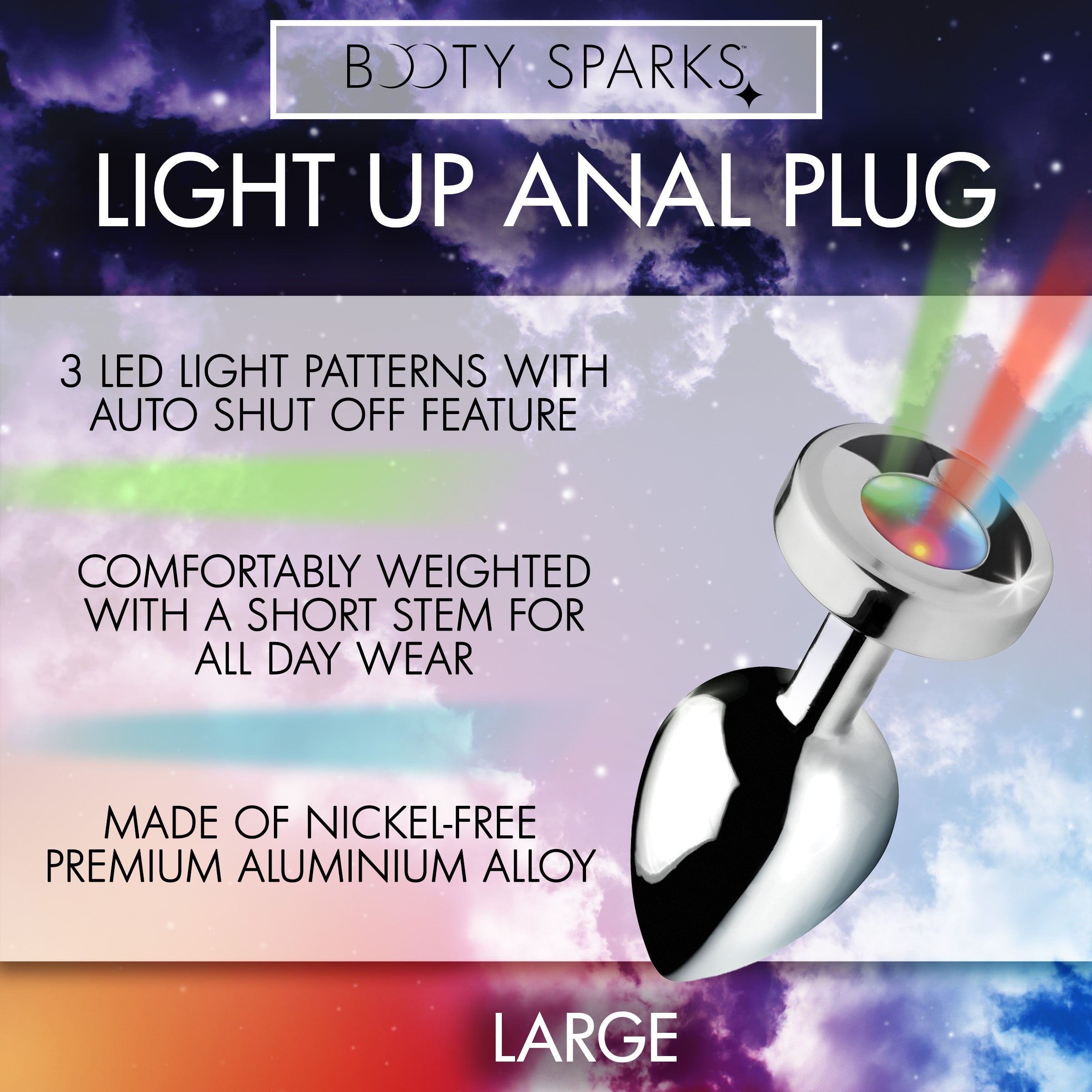 Light Up Large Anal Plug with LED features, made of smooth grey aluminum alloy, designed for comfort and pleasure.