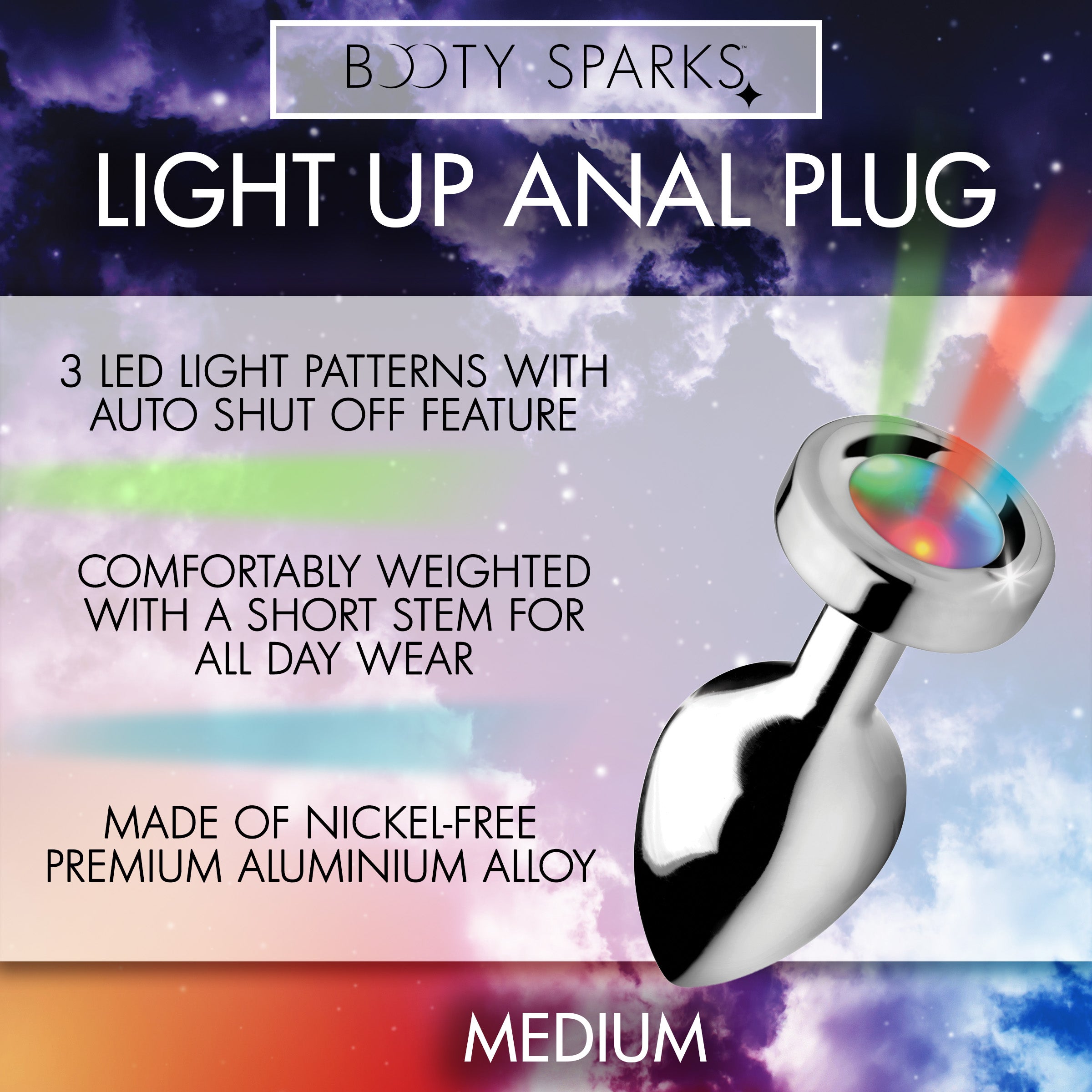 Light Up Medium Anal Plug with LED features, sleek grey aluminum design, perfect for intimate play.