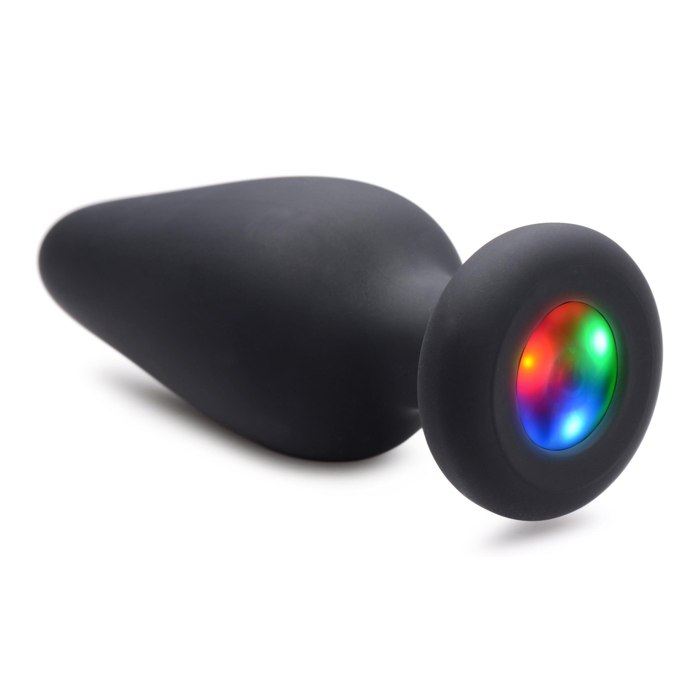 Large light-up silicone anal plug with LED lights in red, green, and blue, designed for comfortable insertion and body-safe use.