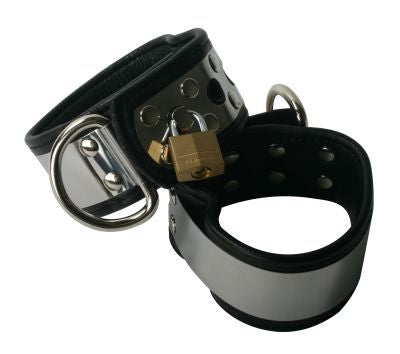 Lined Metal Band Cuffs made of high-quality leather with a metal band and D-ring for secure attachment.