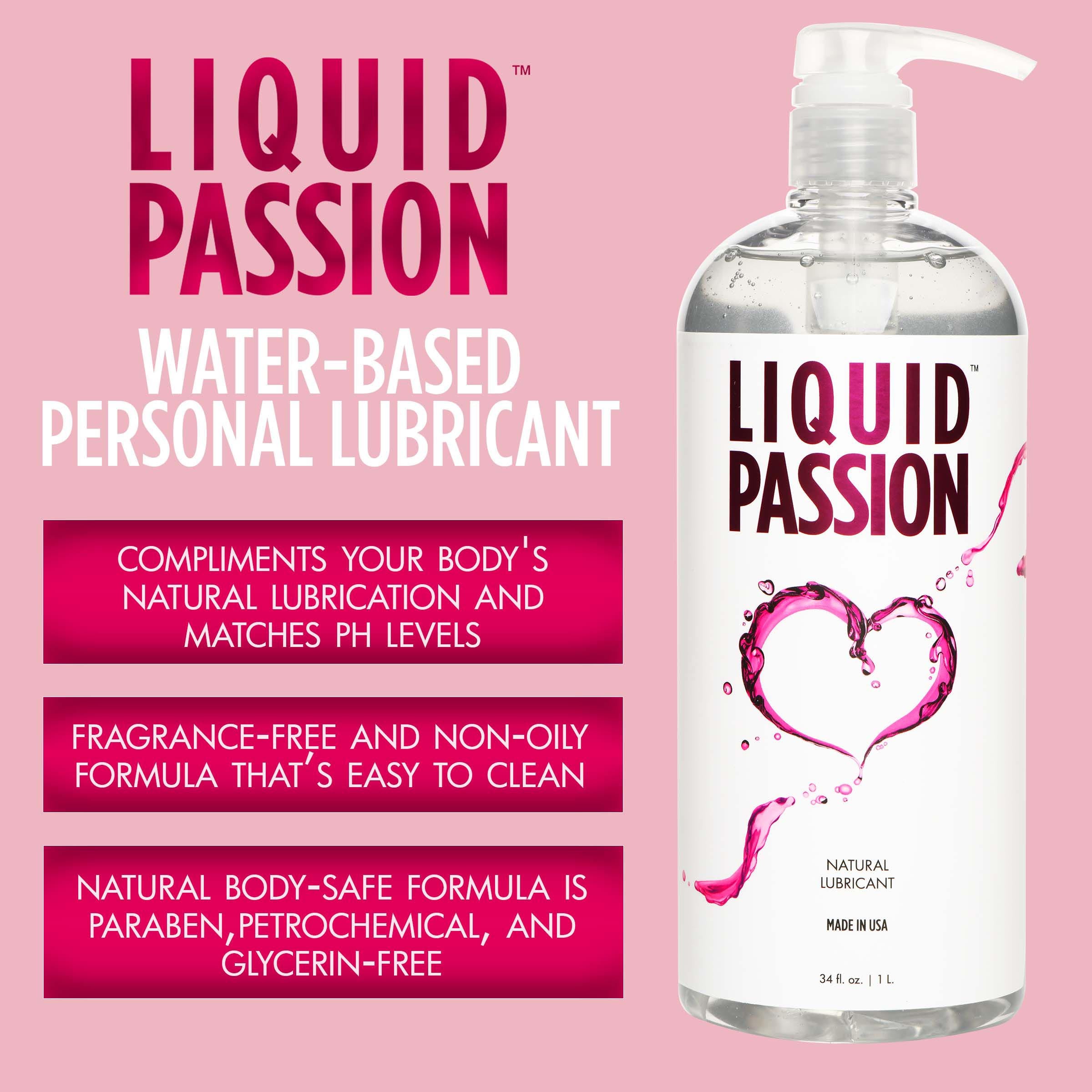 Liquid Passion Natural Lubricant 34oz bottle, designed for women, featuring a clear, water-based formula for enhanced comfort and pleasure.