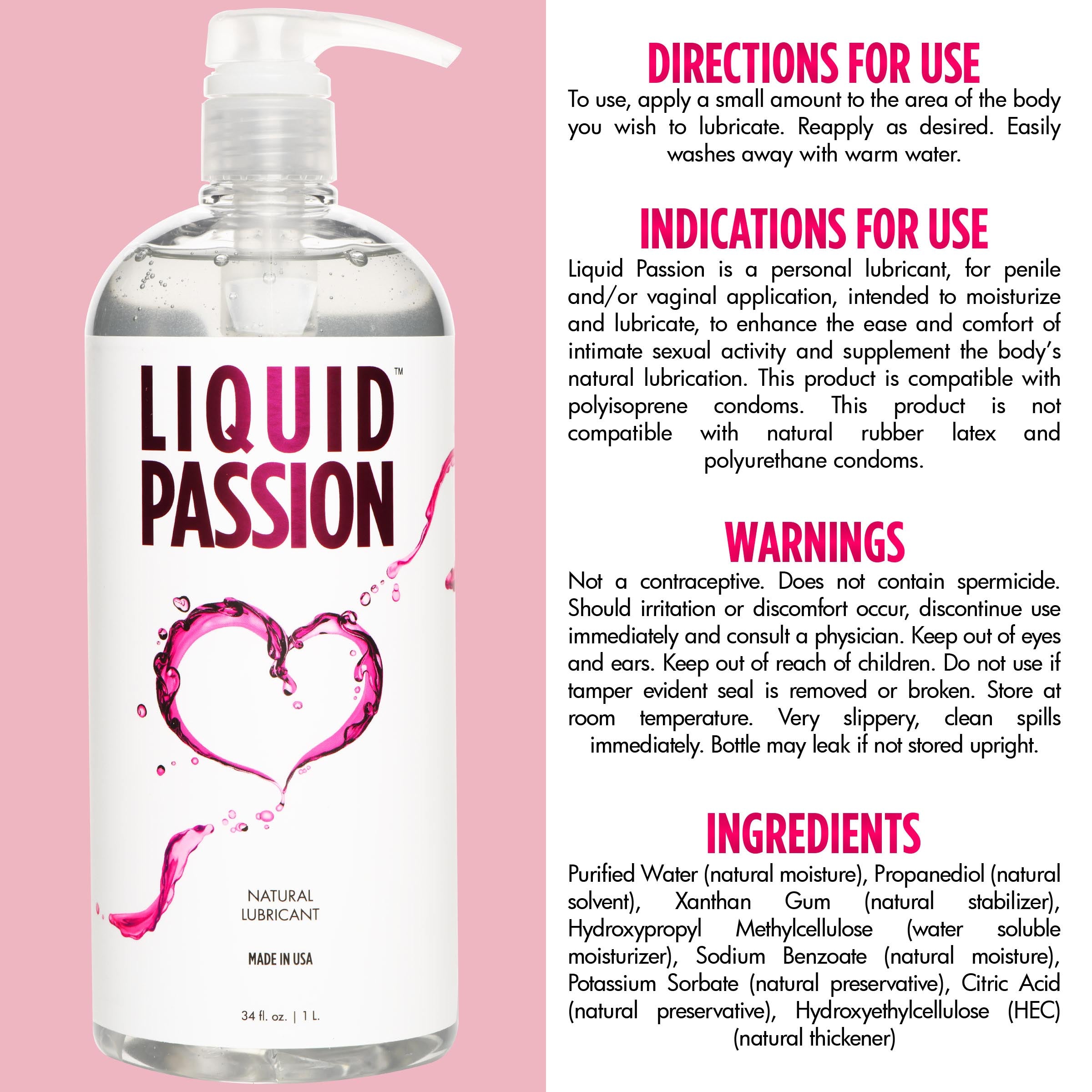 Liquid Passion Natural Lubricant 34oz bottle, designed for women, featuring a clear, water-based formula for enhanced comfort and pleasure.