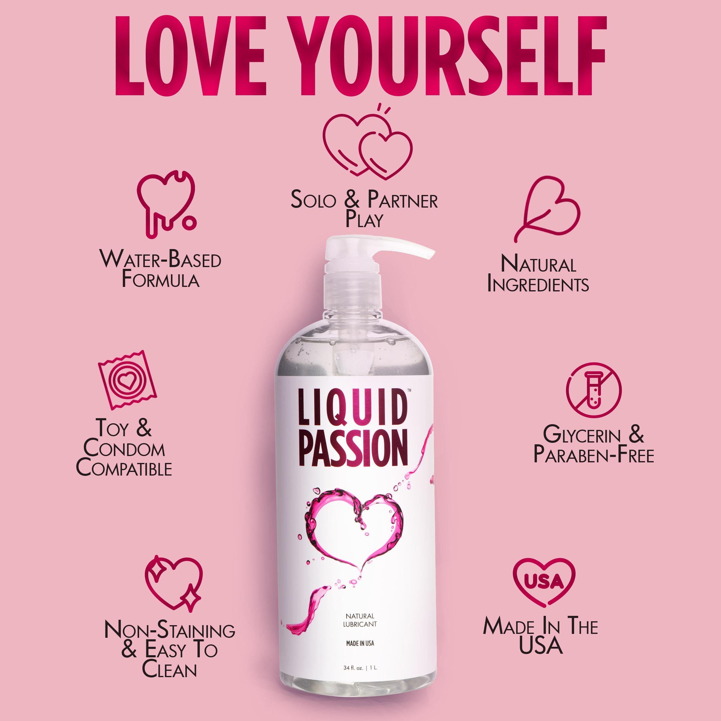 Liquid Passion Natural Lubricant 34oz bottle, designed for women, featuring a clear, water-based formula for enhanced comfort and pleasure.