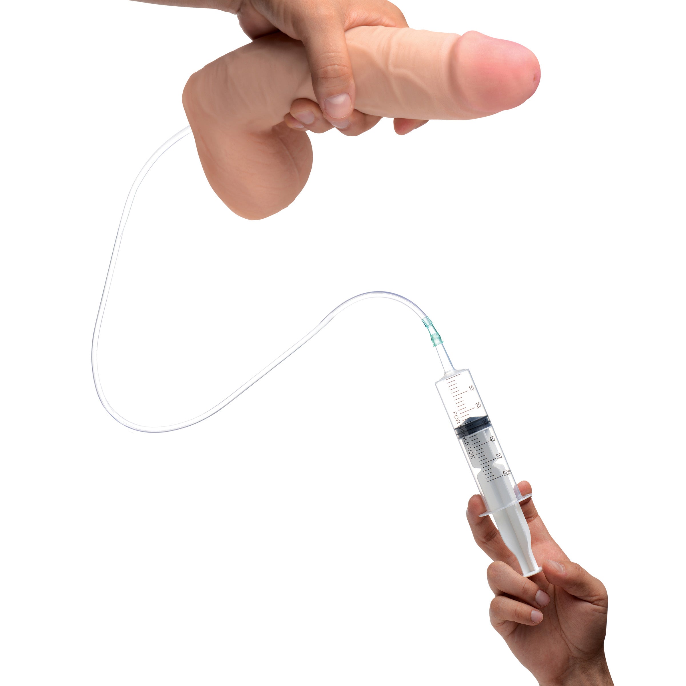 Loadz 9 Inch Squirting Dildo with Syringe, featuring lifelike details and a realistic design for enhanced pleasure.