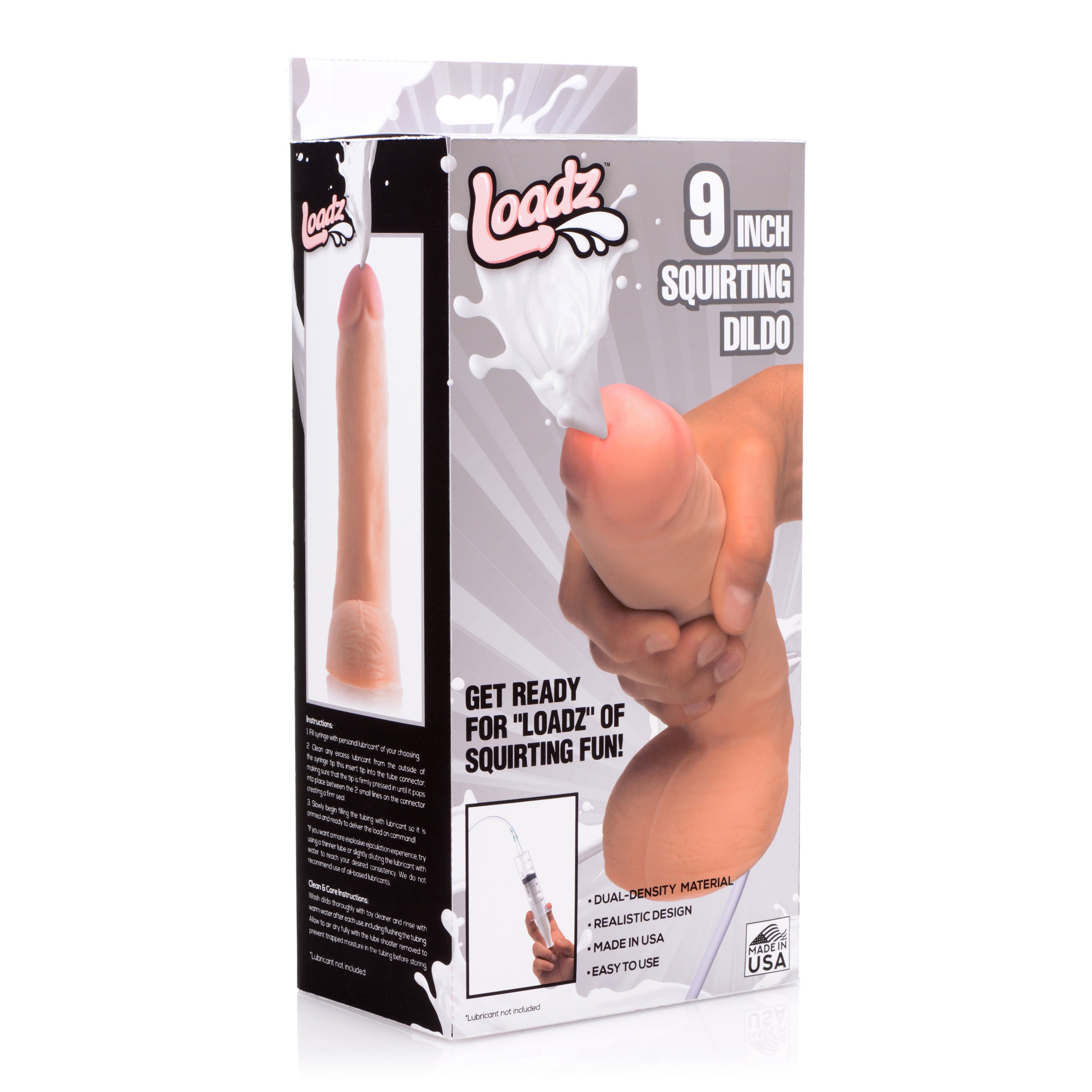 Loadz 9 Inch Squirting Dildo with Syringe, featuring lifelike details and a realistic design for enhanced pleasure.