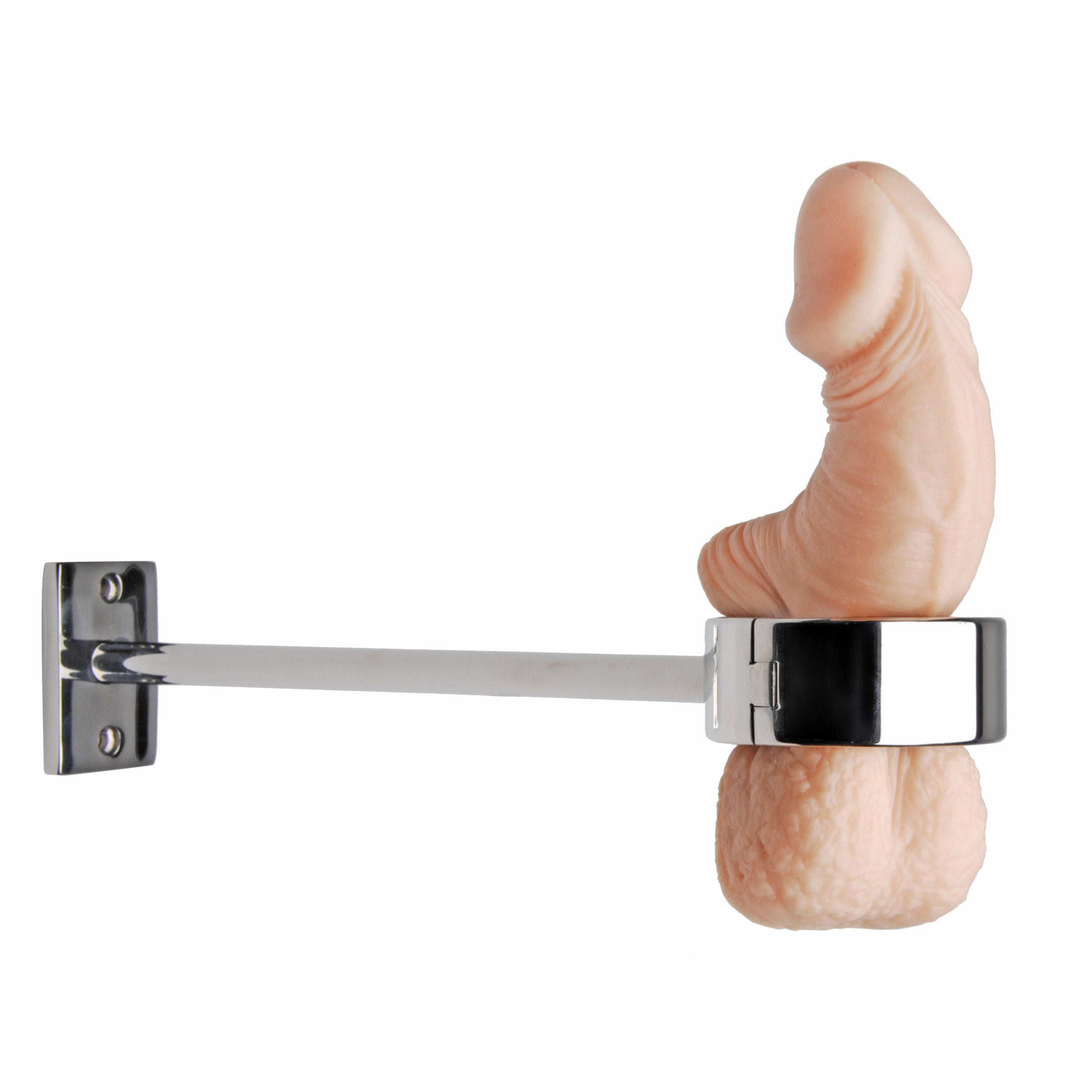 Locking Mounted CBT Scrotum Cuff made of stainless steel, securely designed for bondage play, featuring a non-removal base for mounting.