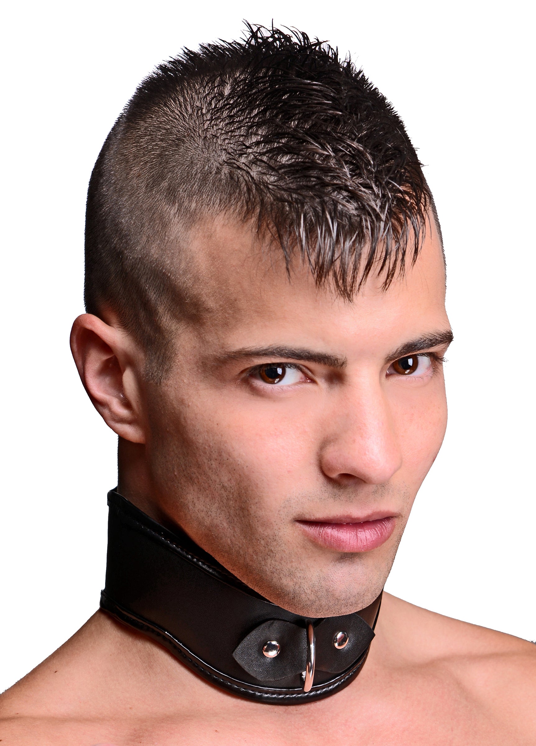 Locking Posture Collar made of black PU leather with internal padding and a metal locking mechanism, designed for BDSM play.