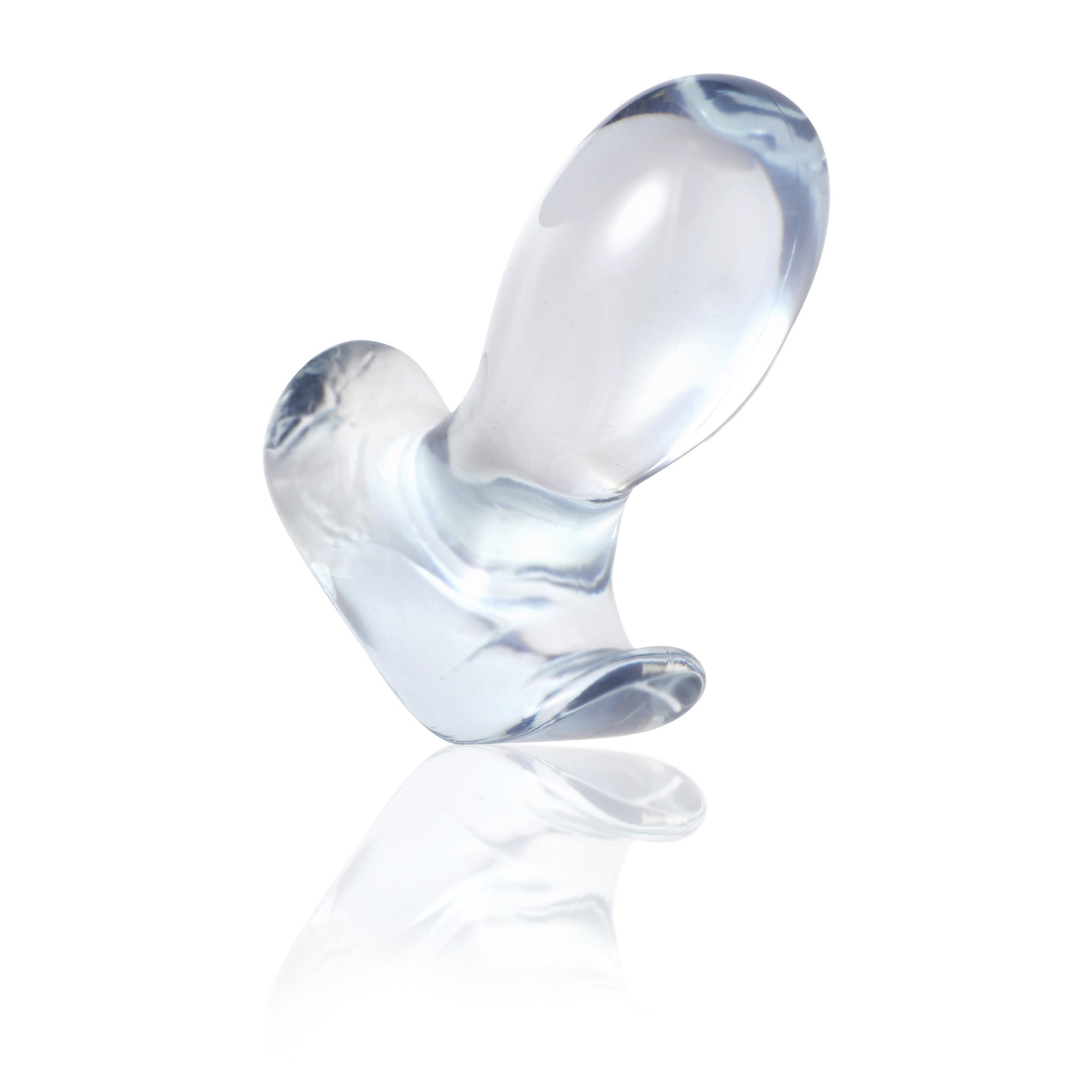 Clear see-through butt plug designed for visual stimulation and comfort, featuring an upturned base for perineum pressure.