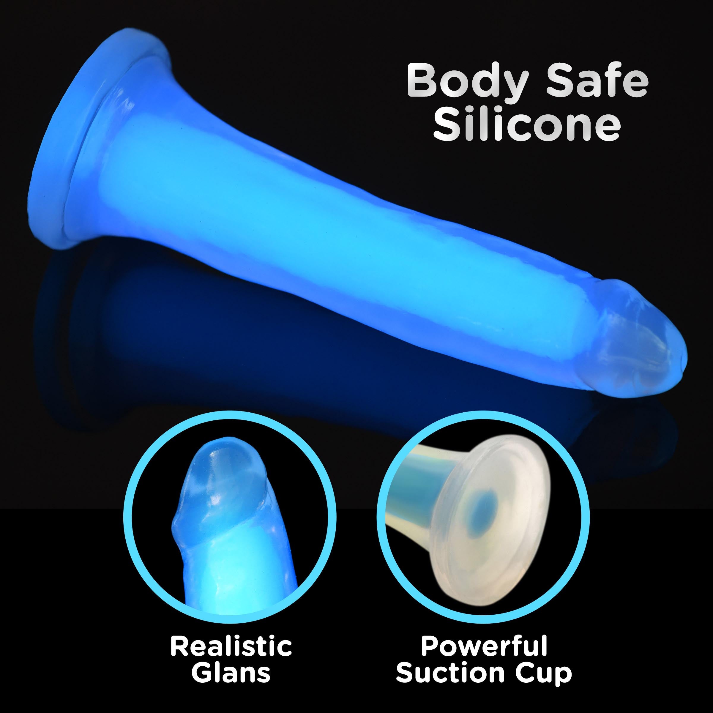 Lollicock 7" Glow-in-the-Dark Silicone Dildo in Blue, showcasing its realistic shape and flanged base.