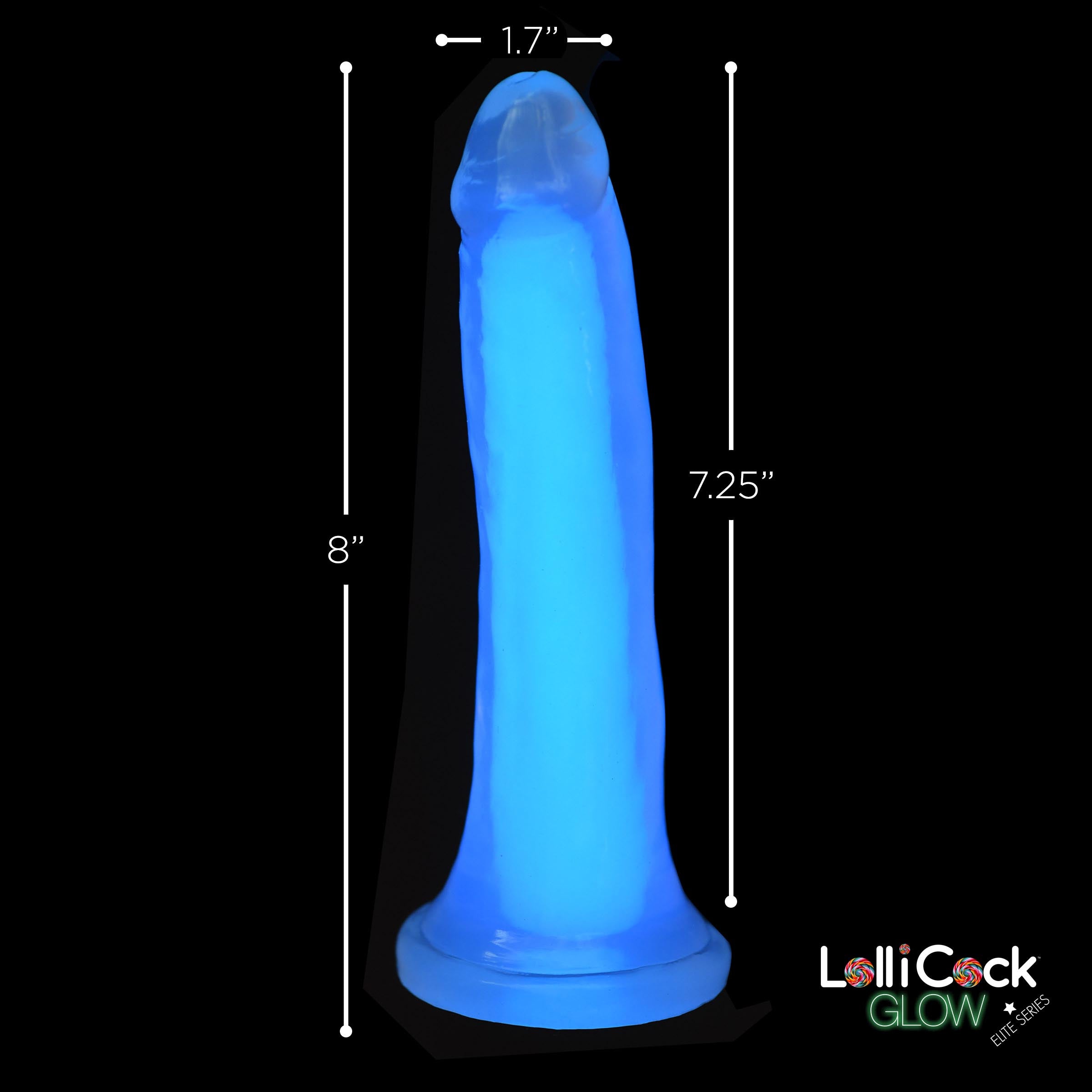 Lollicock 7" Glow-in-the-Dark Silicone Dildo in Blue, showcasing its realistic shape and flanged base.