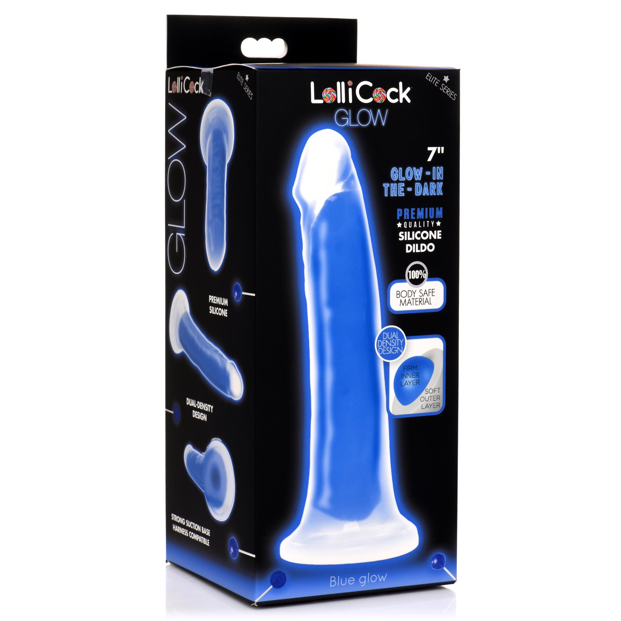 Lollicock 7" Glow-in-the-Dark Silicone Dildo in Blue, showcasing its realistic shape and flanged base.