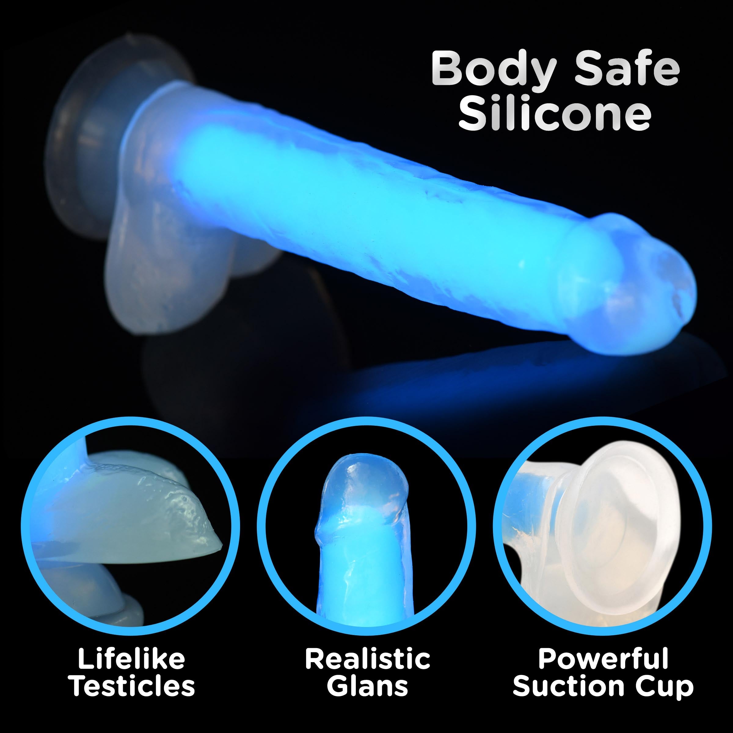 Lollicock 7" Glow-in-the-Dark Silicone Dildo in blue, featuring realistic shape, suction cup base, and balls.