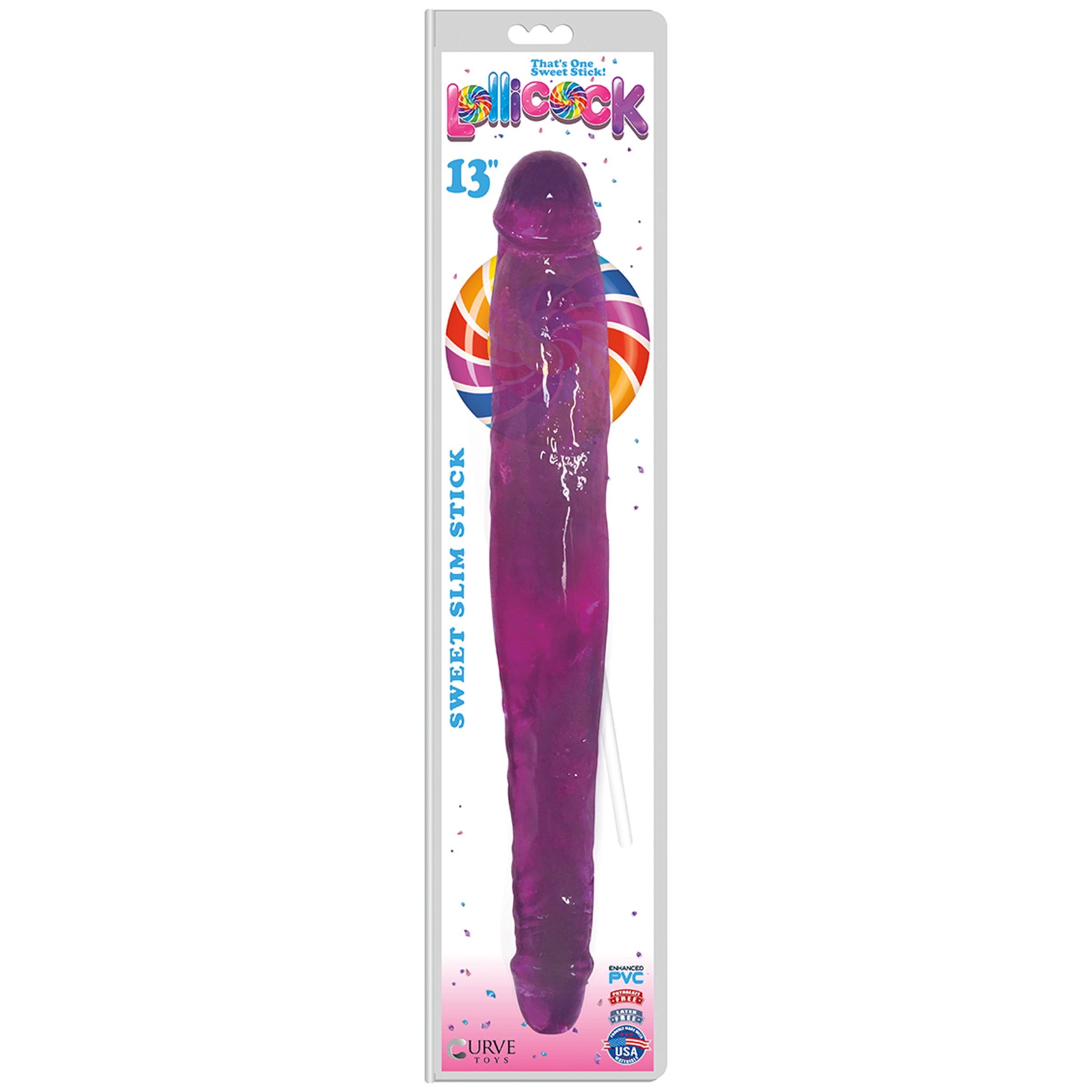 Lollicock Sweet Slim Stick Double Dildo in purple, featuring a slim and girthy end for versatile pleasure.