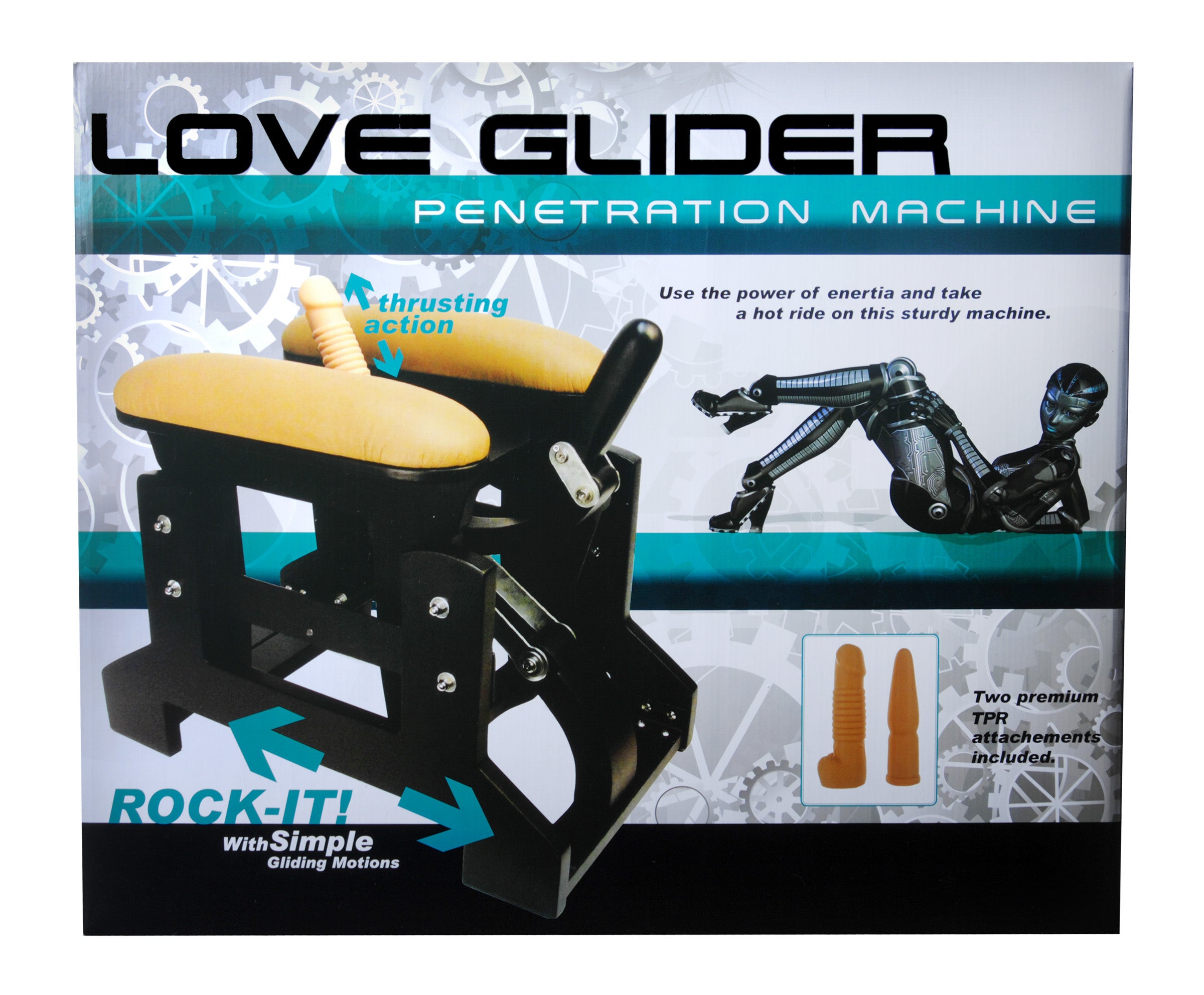 The Love Glider Sex Machine featuring padded thigh rests and two flexible dildos for customizable pleasure.