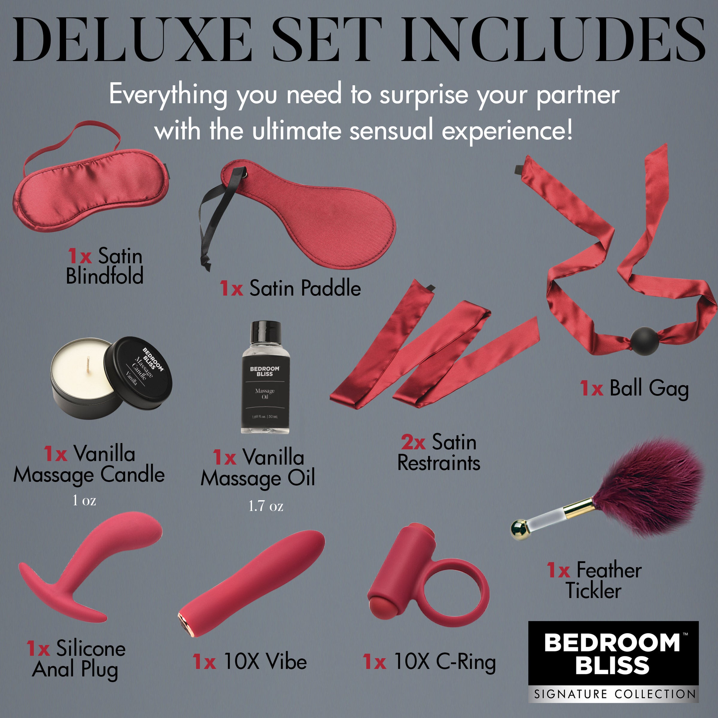 Lover's Bondage Massage Set featuring satin blindfold, paddle, restraints, silicone toys, feather tickler, massage candle, and oil for intimate experiences.