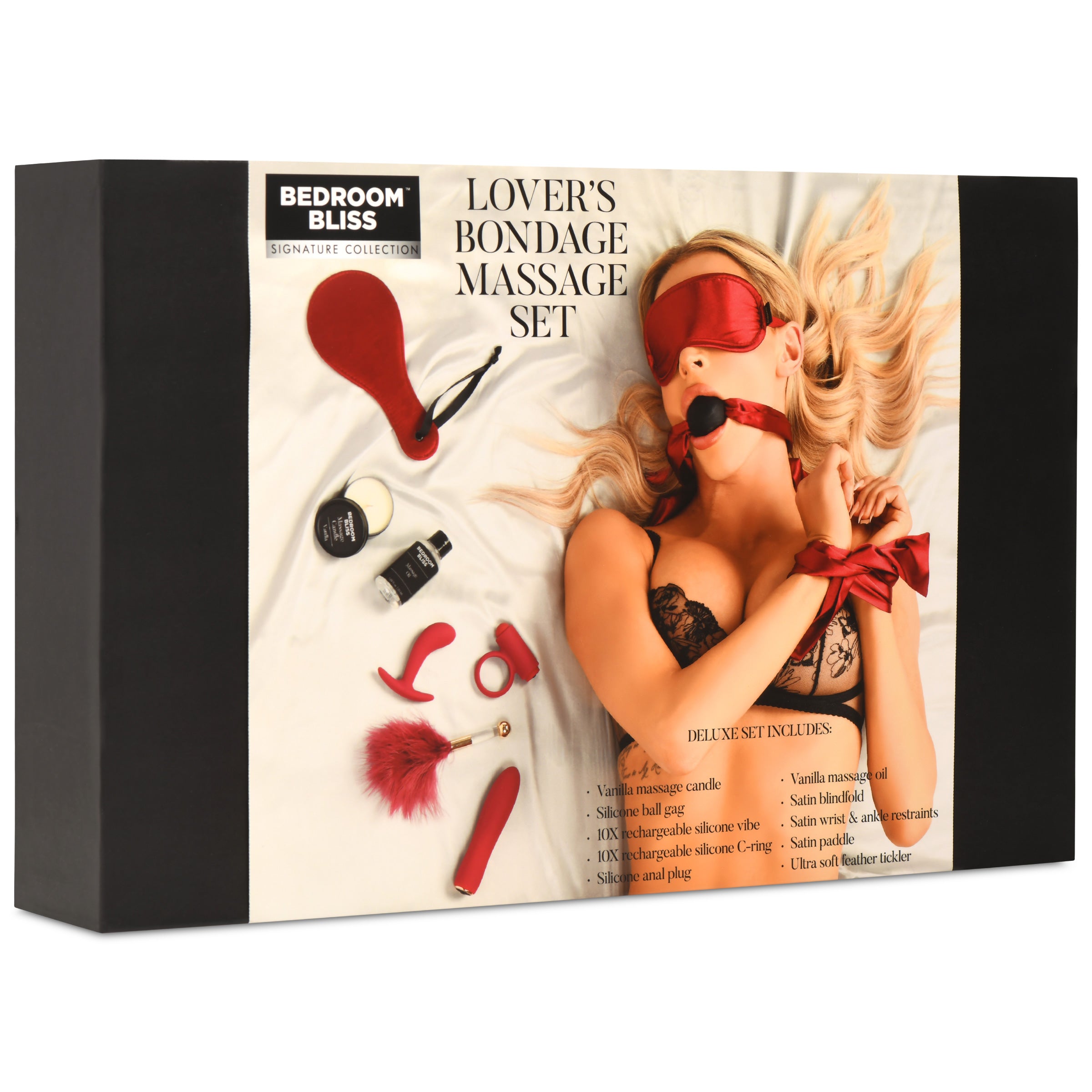 Lover's Bondage Massage Set featuring satin blindfold, paddle, restraints, silicone toys, feather tickler, massage candle, and oil for intimate experiences.