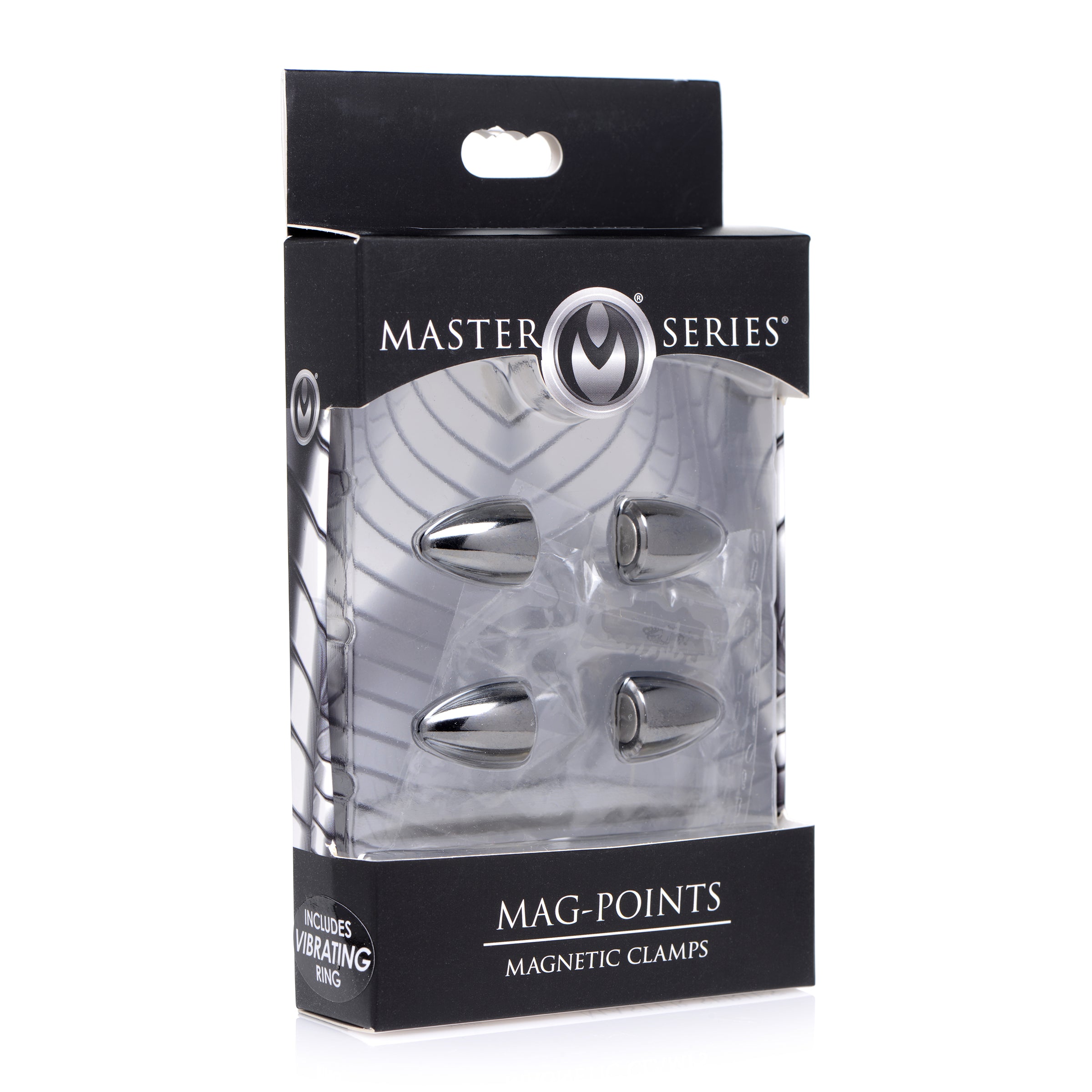 Mag-Points Magnetic Clamps in gun metal finish, showcasing their sleek design and magnetic features for enhanced pleasure.