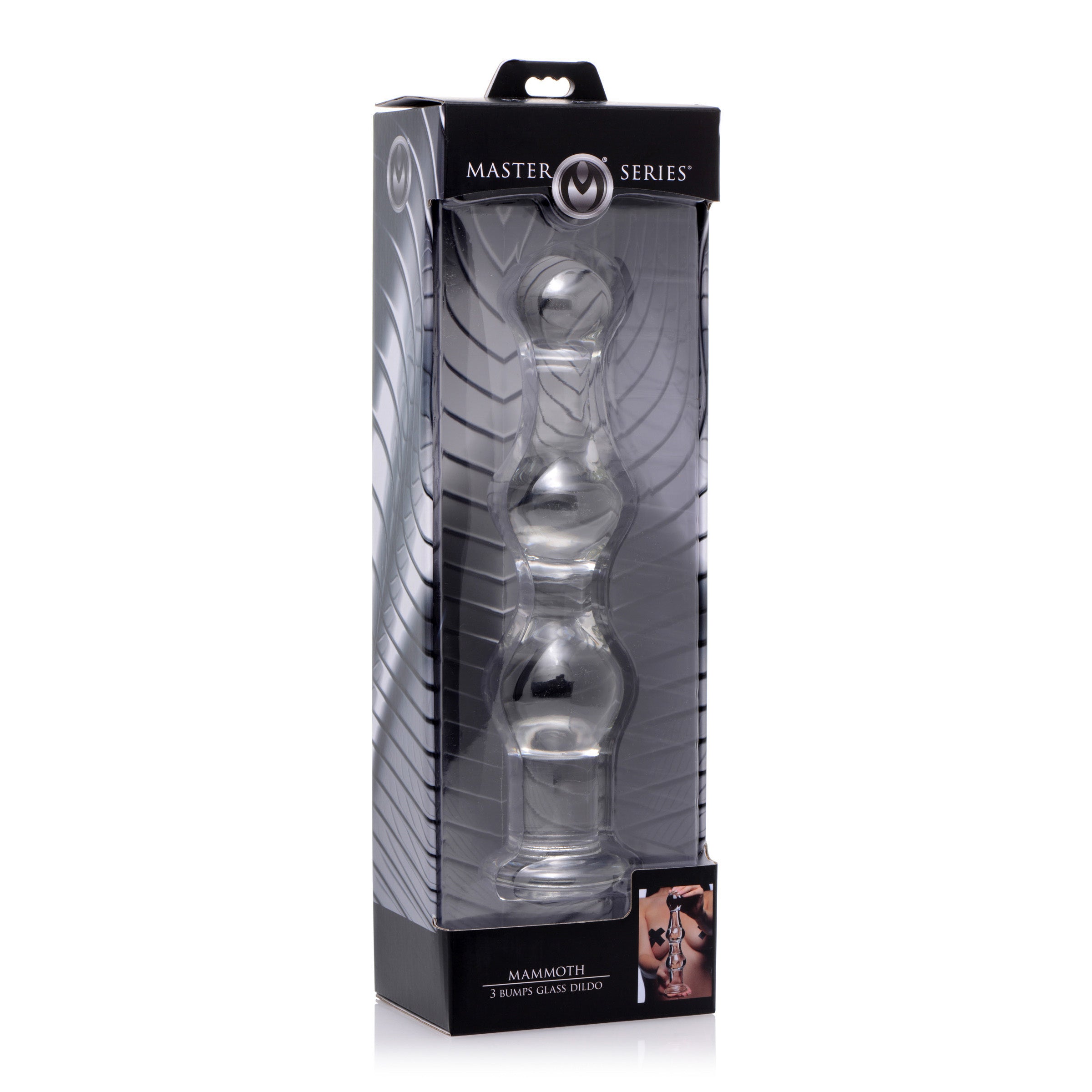 Mammoth Glass Dildo featuring a three-bump design, made of clear borosilicate glass, ideal for temperature play and easy cleaning.