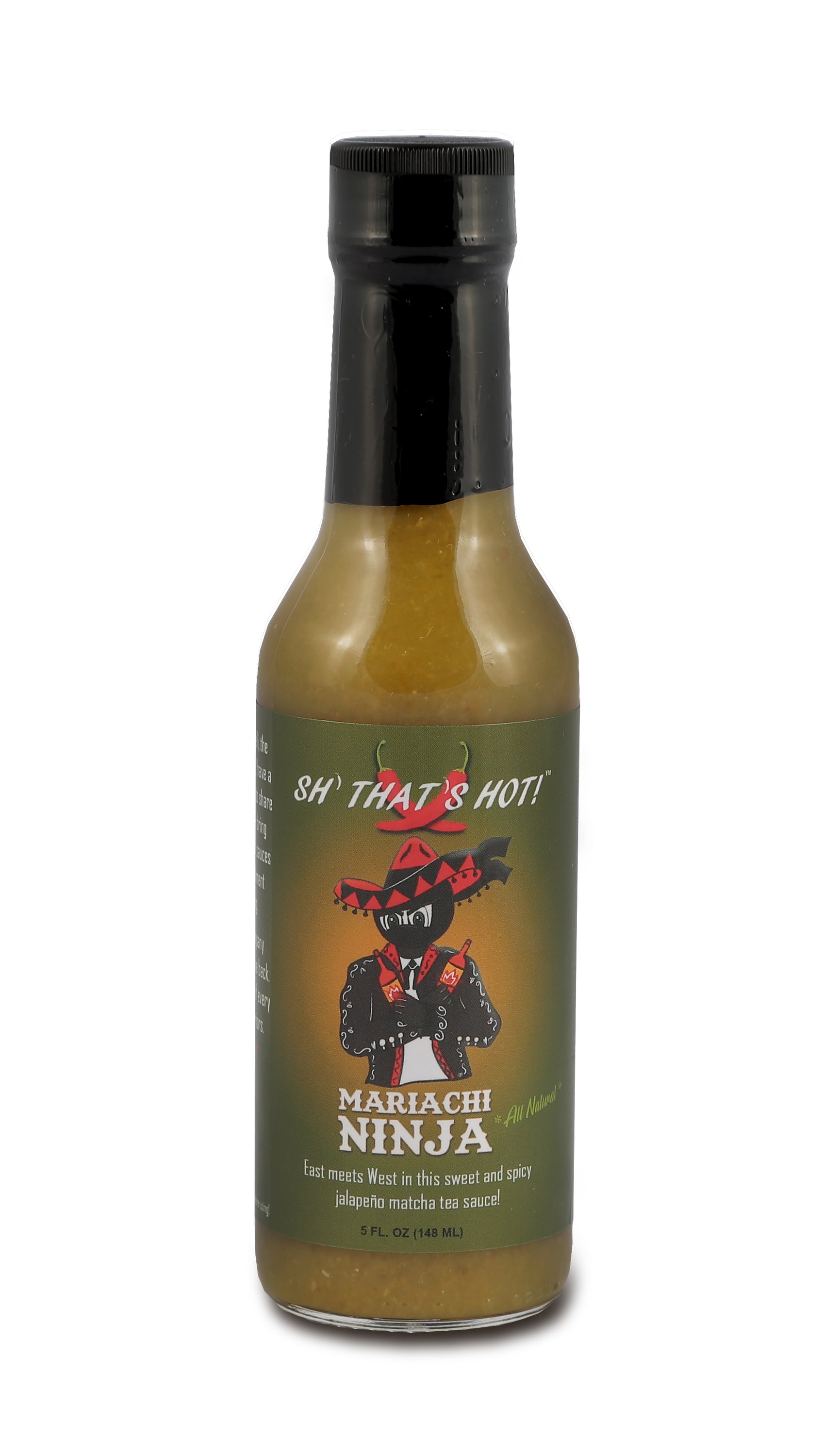 A bottle of Mariachi Ninja hot sauce featuring a vibrant label with jalapenos and matcha tea leaves, showcasing its unique ingredients.