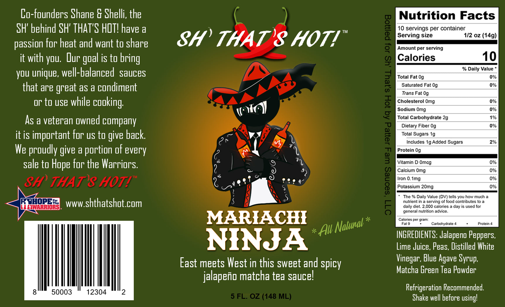 A bottle of Mariachi Ninja hot sauce featuring a vibrant label with jalapenos and matcha tea leaves, showcasing its unique ingredients.