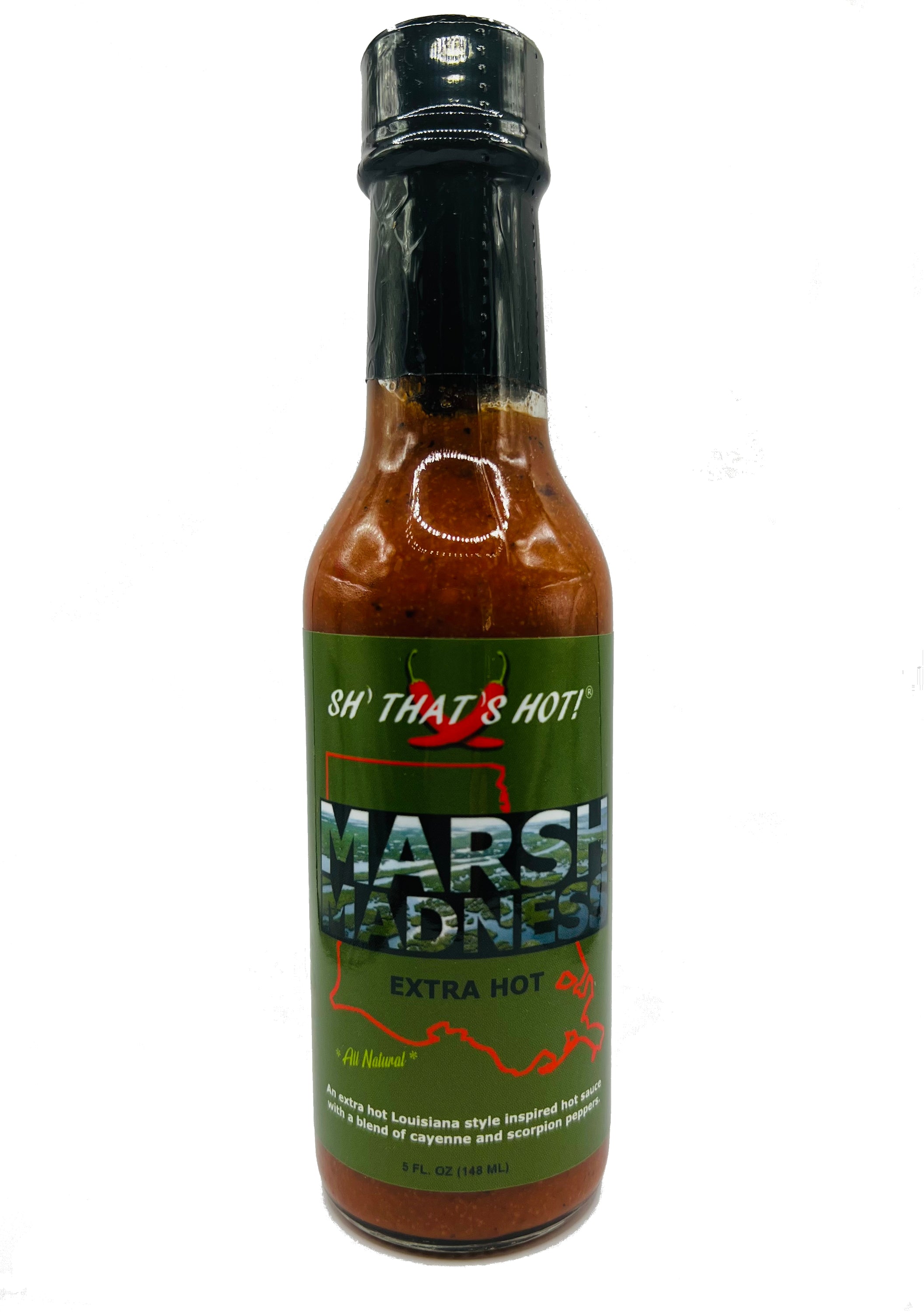 A bottle of Marsh Madness (Extra Hot) hot sauce featuring a bold label and vibrant colors, showcasing its spicy contents.